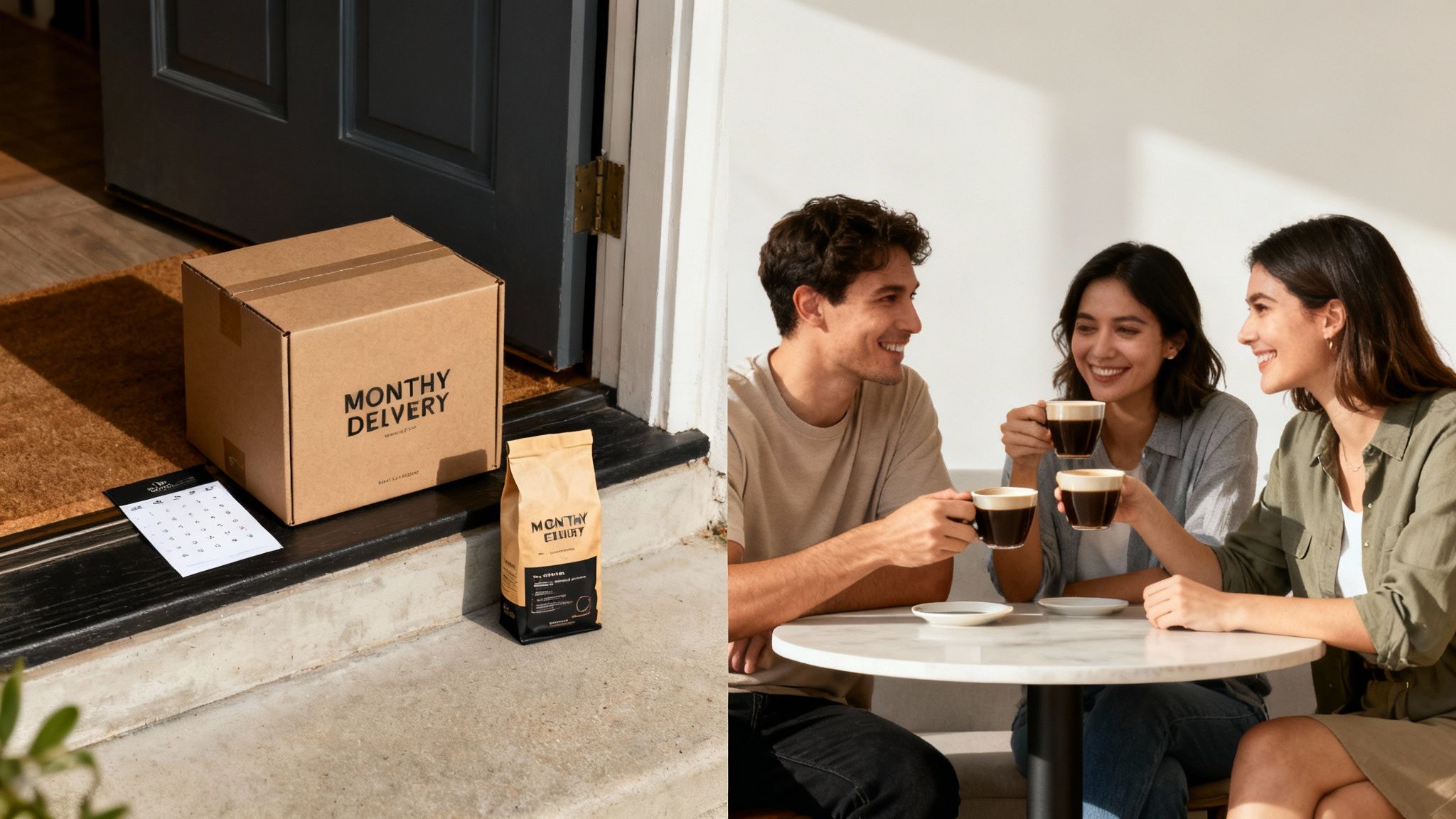A monthly coffee delivery box and bag on a doorstep, alongside three friends enjoying coffee at a cafe.