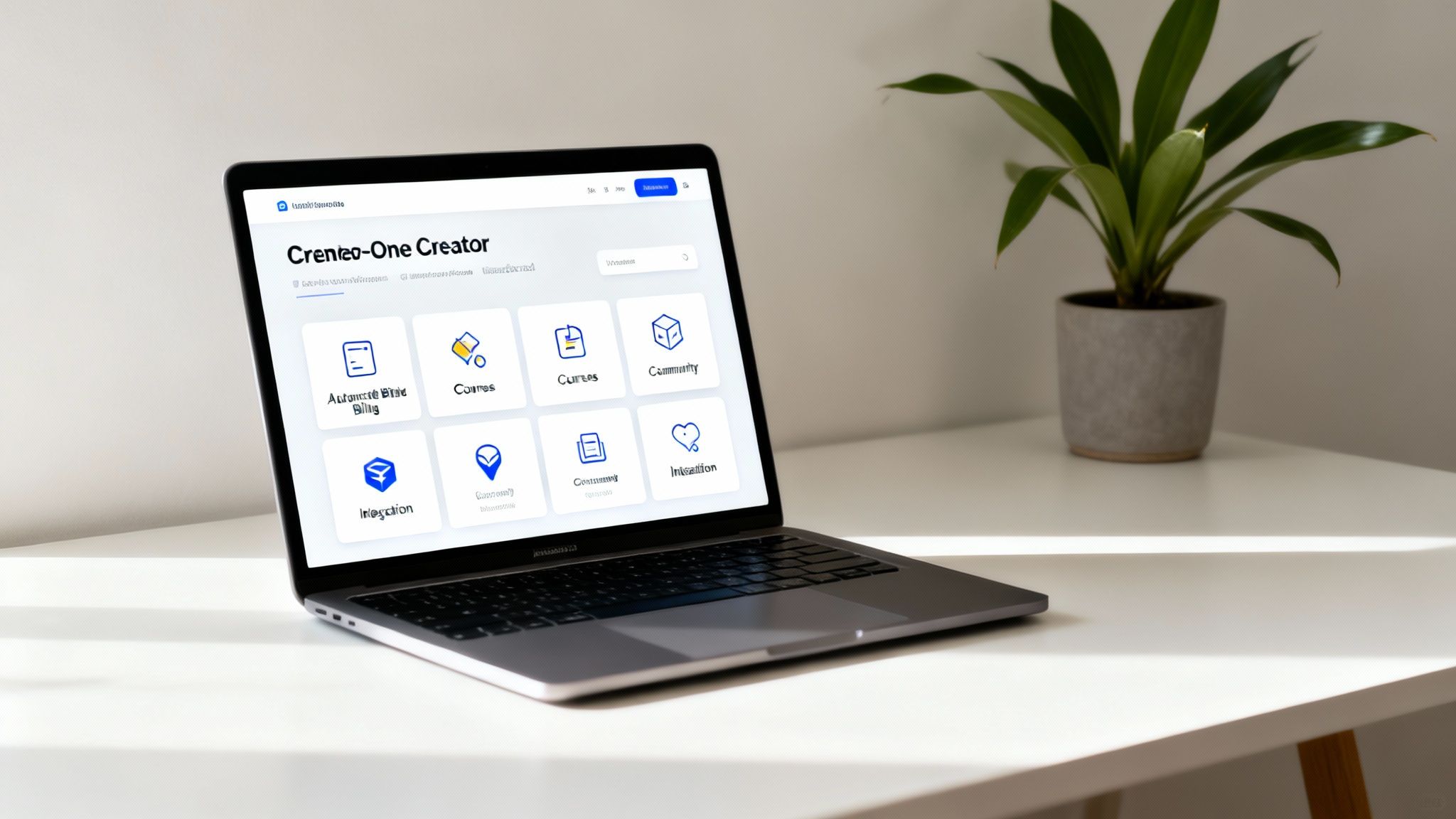 Laptop displaying a white web interface for 'Crenzeo-One Creator' with various business modules on a white desk.
