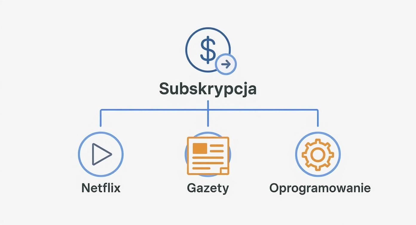 Infografika przedstawiająca hierarchię modeli subskrypcyjnych, z ikonami symbolizującymi Netflix, gazety i oprogramowanie.