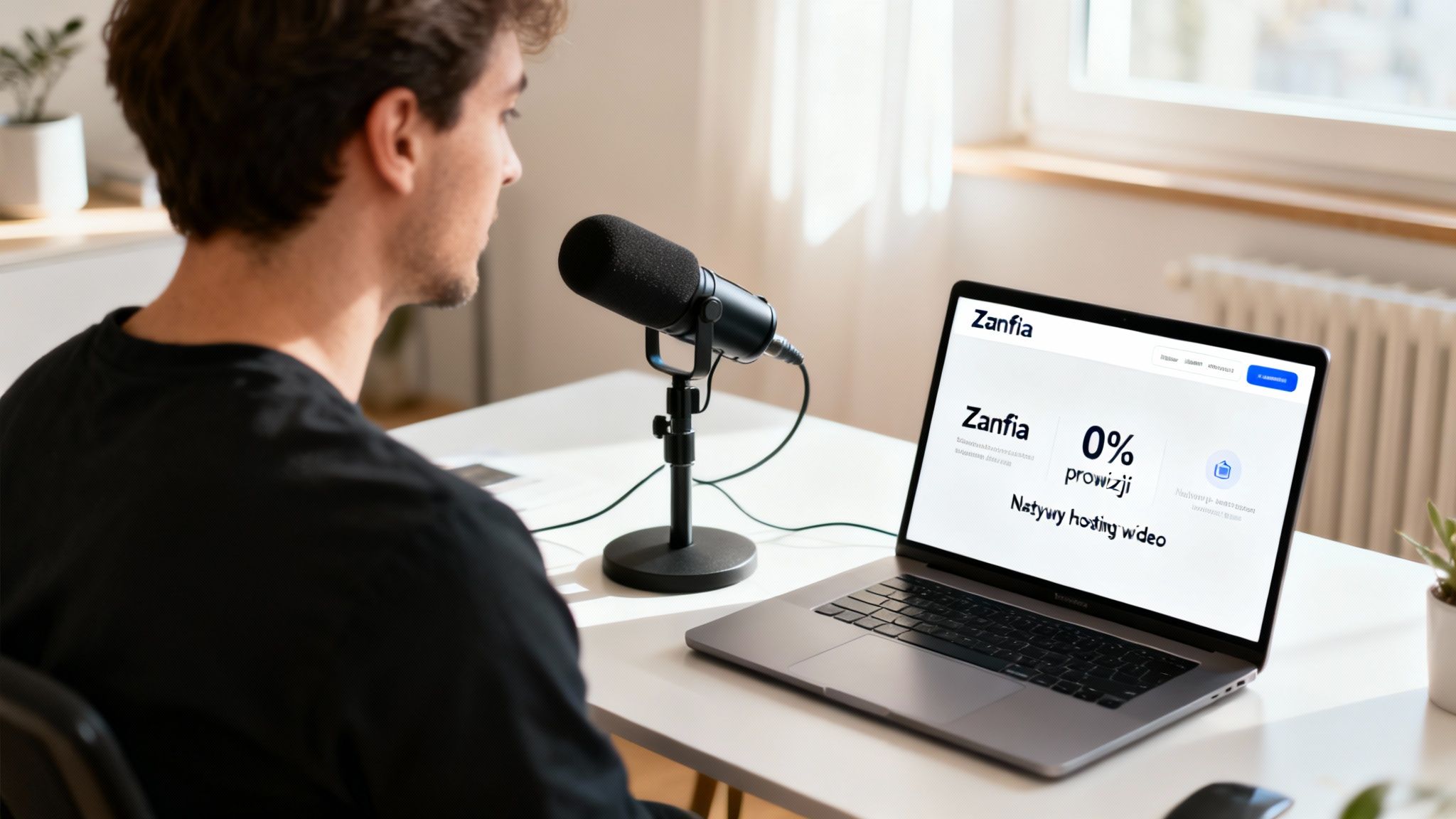 Mężczyzna nagrywający podcast przed laptopem z witryną Zanfia oferującą hosting wideo.