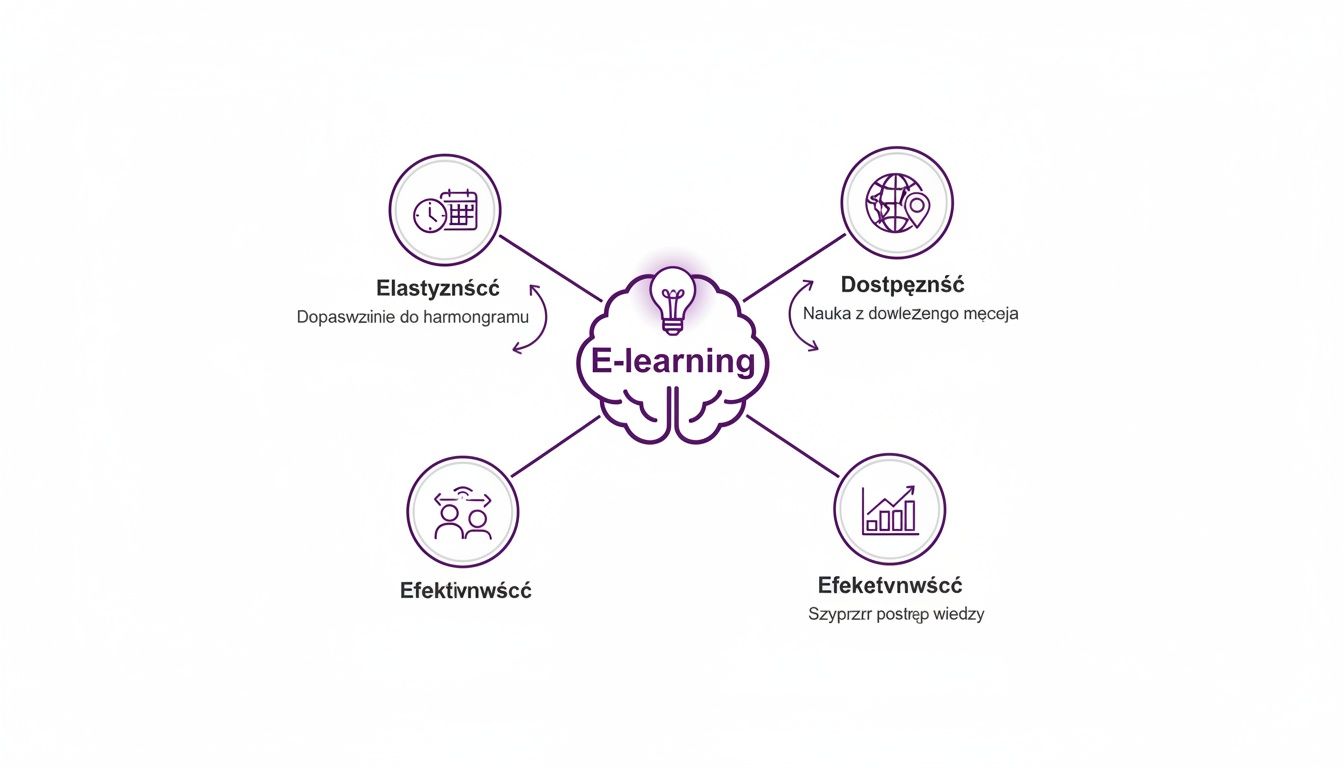 Diagram przedstawiający kluczowe zalety e-learningu: elastyczność, dostępność, efektywność i szybki postęp wiedzy.