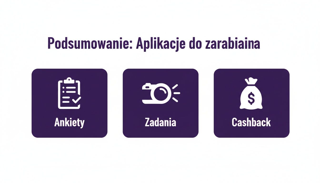 Podsumowanie aplikacji do zarabiania oferujące ankiety, zadania i cashback, wizualnie przedstawione jako ikony.