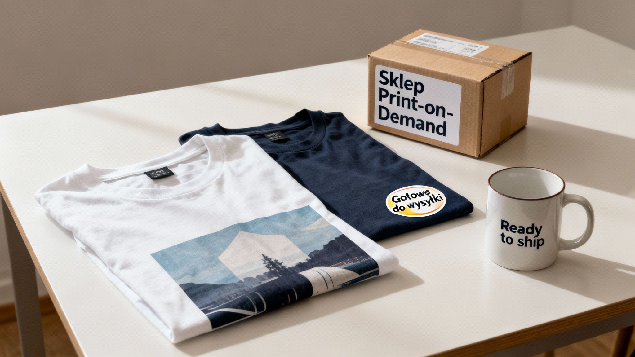 Dwie złożone koszulki, pudełko z napisem Sklep Print-on-Demand i kubek, gotowe do wysyłki.