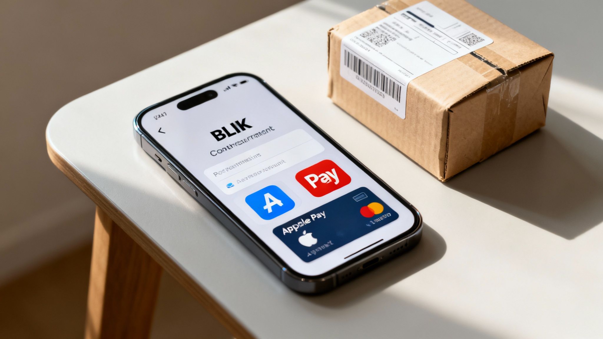 Smartfon z aplikacją BLIK i opcjami płatności Apple Pay oraz kartą obok paczki kurierskiej.