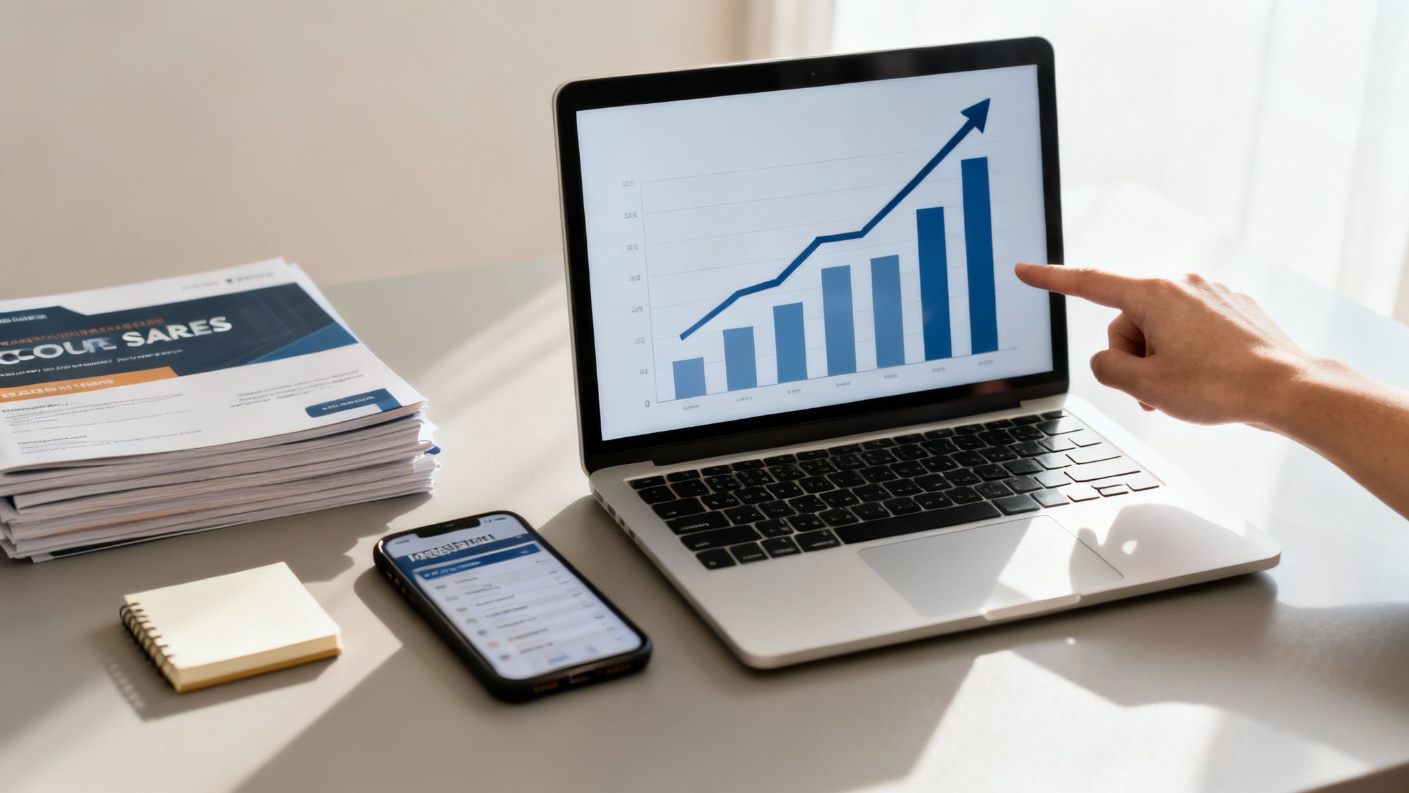 Osoba wskazuje na ekran laptopa przedstawiający wykres słupkowy z rosnącym trendem. Na biurku leżą dokumenty, smartfon i notatnik.