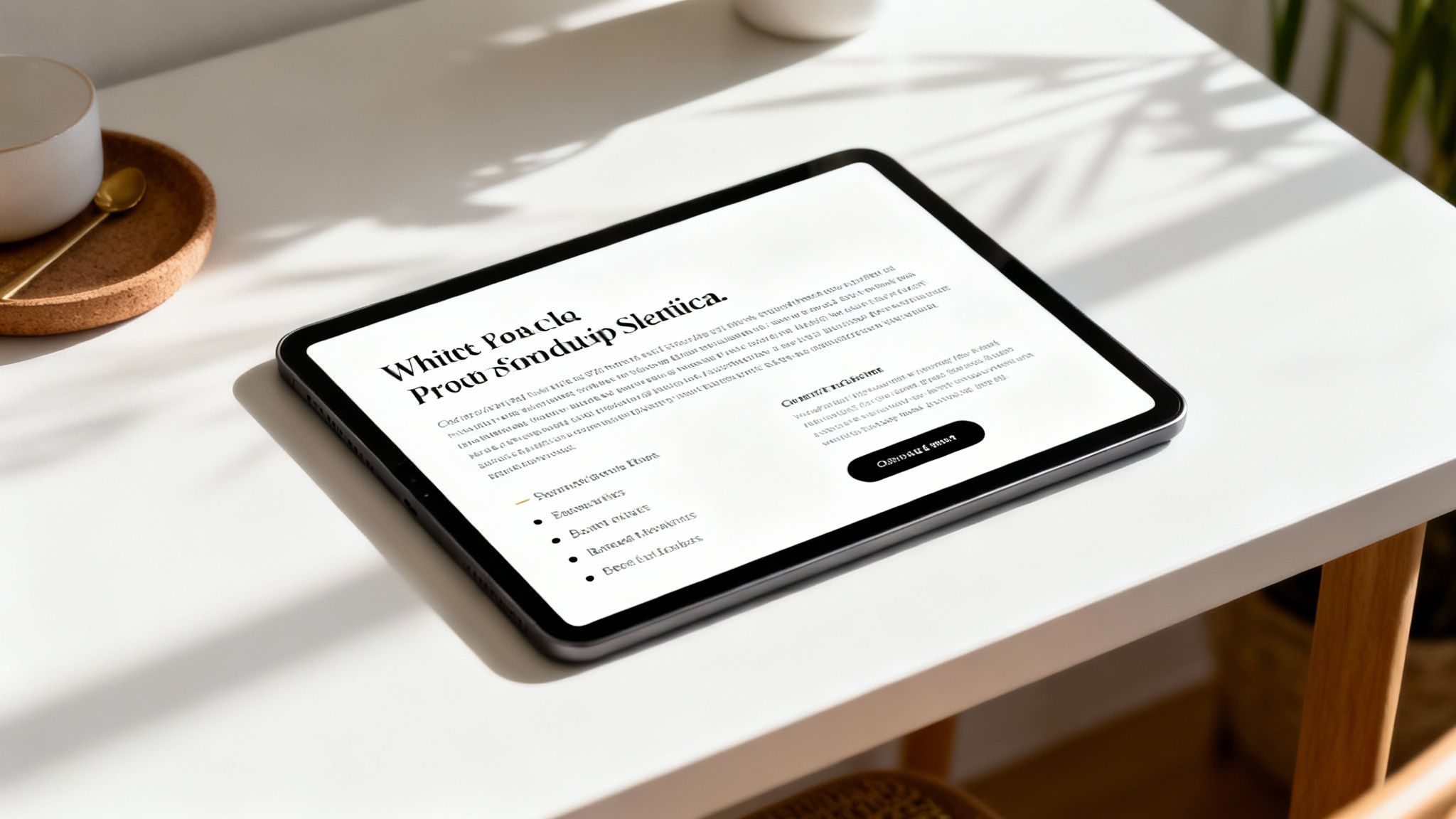A modern tablet displaying text content on a clean white desk with a coffee mug.