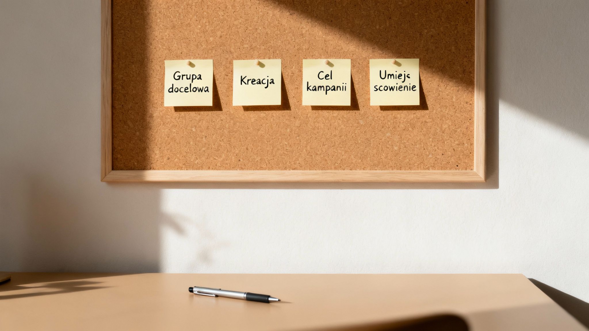 Tablica korkowa z żółtymi karteczkami przedstawiającymi etapy kampanii: grupa docelowa, kreacja, cel kampanii, umiejs scowienie