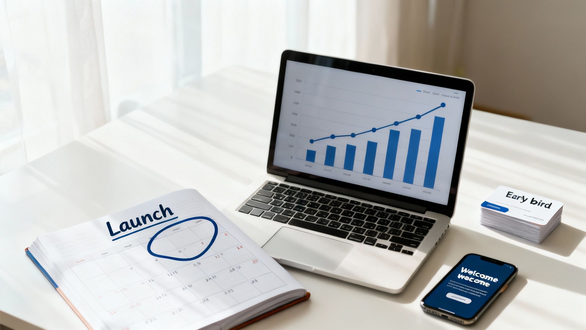 Modern desk setup with laptop displaying a business growth chart, 'Launch' calendar, 'Early bird' cards, and welcome app.