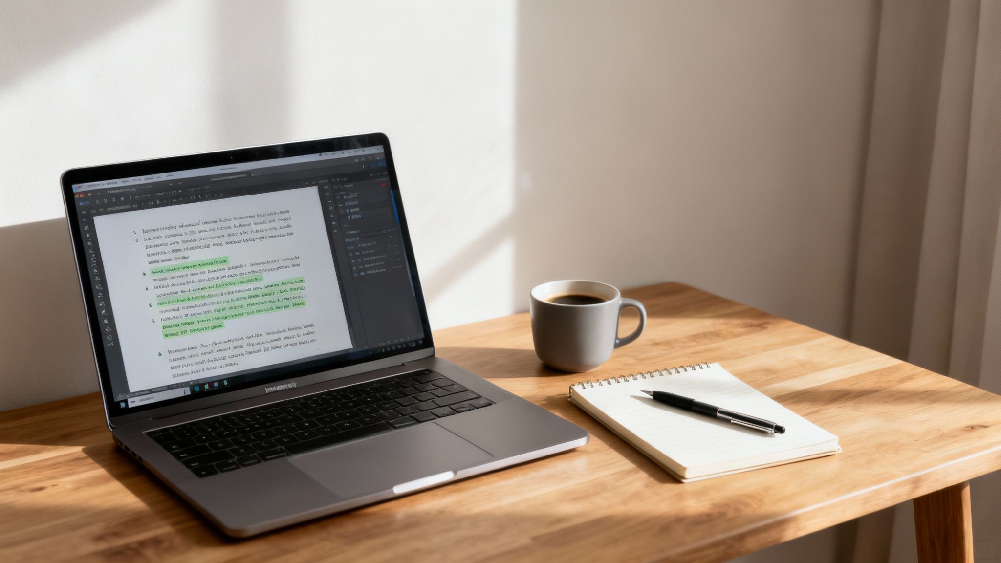 Laptop z otwartym dokumentem, filiżanka kawy i notatnik na drewnianym biurku domowego stanowiska pracy