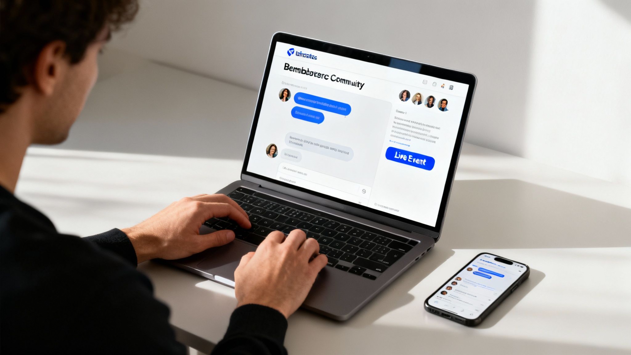 A person typing on a laptop displaying a 'community' chat interface, with a smartphone nearby.
