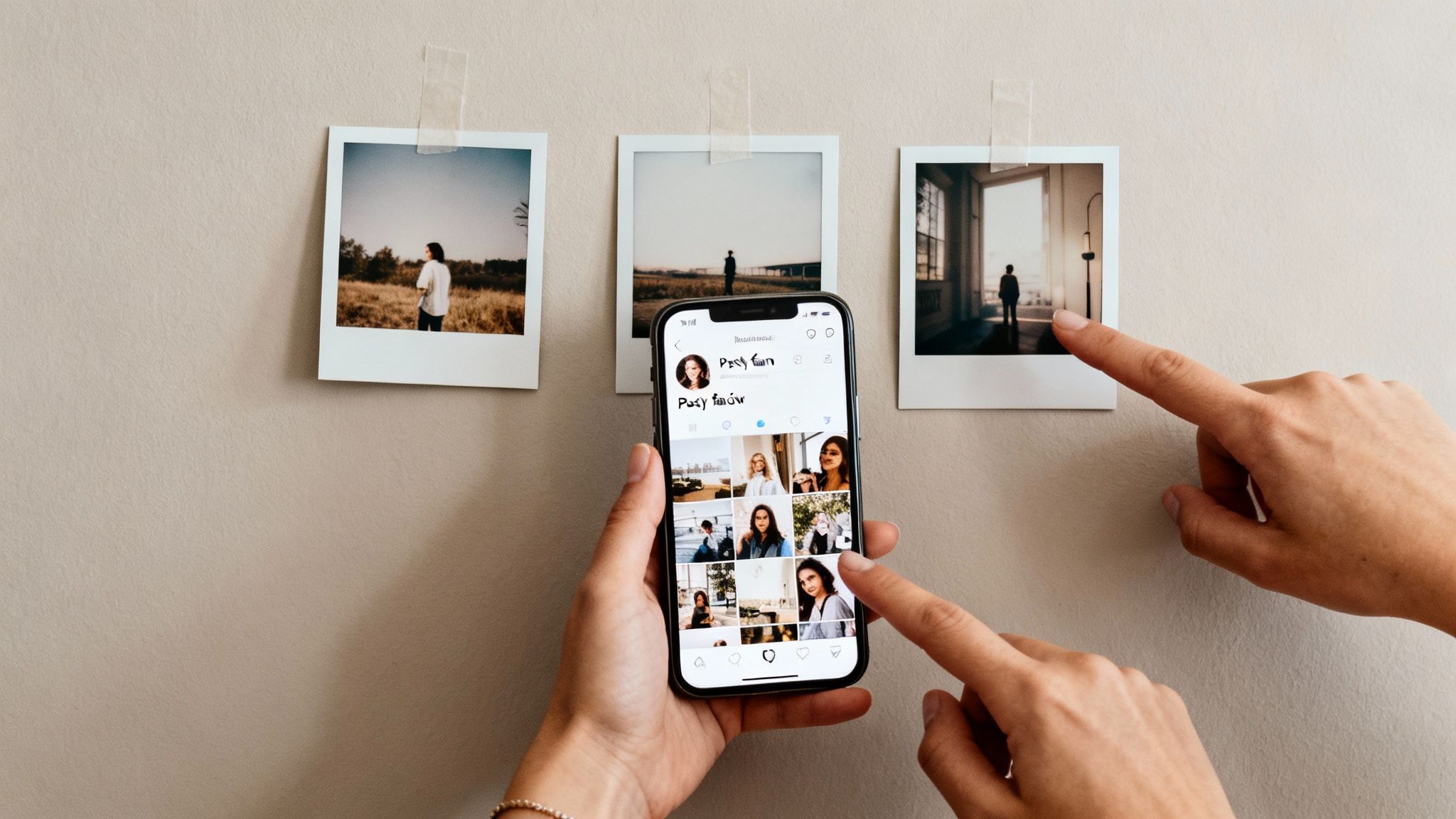 Ręce trzymają smartfon z postami na Instagramie, obok trzy polaroidy przyklejone do ściany.