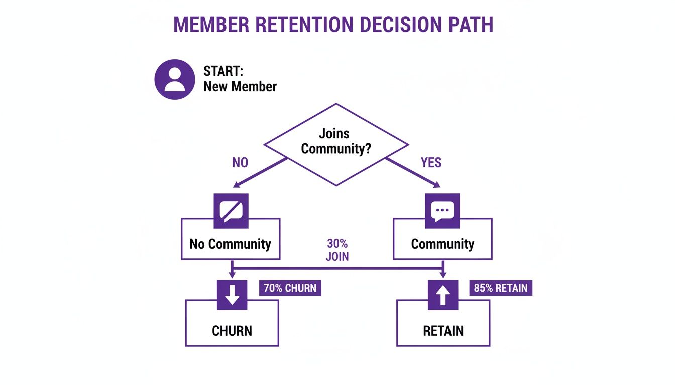 Flowchart illustrating member retention based on community participation, showing paths to churn or retain.