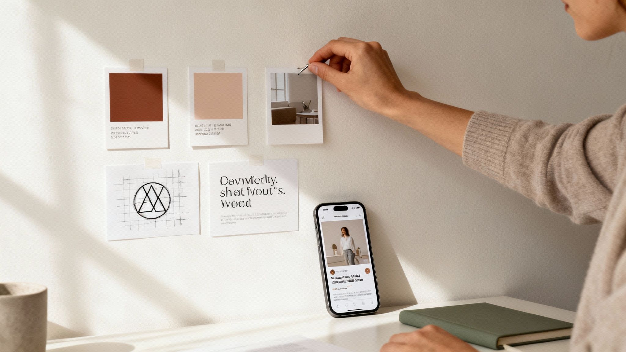 Mężczyzna w okularach pracujący przy biurku, otoczony spójnymi elementami wizualnymi swojej marki