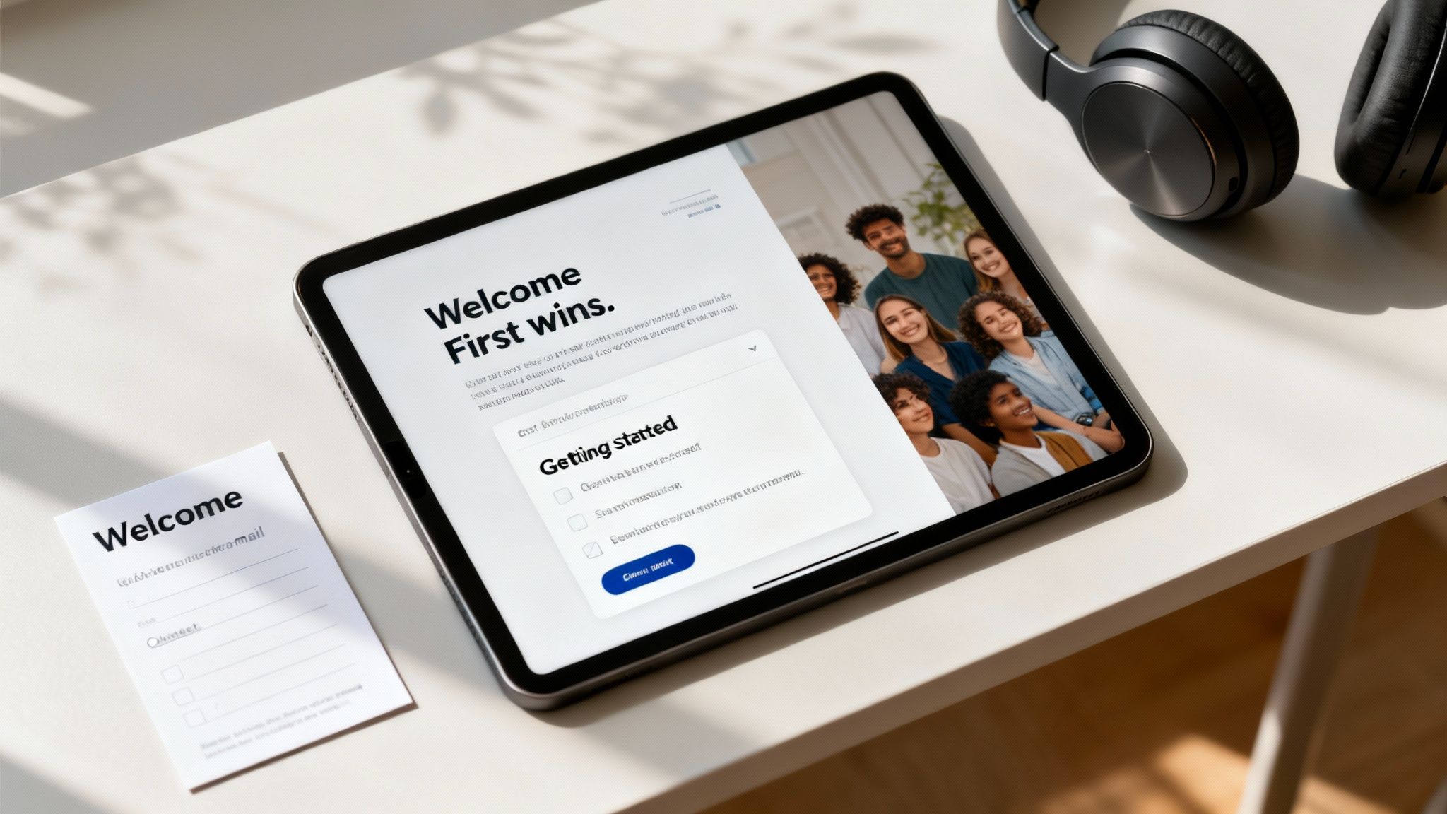 Tablet displaying a welcome screen, black headphones, and a welcome card on a clean white desk.
