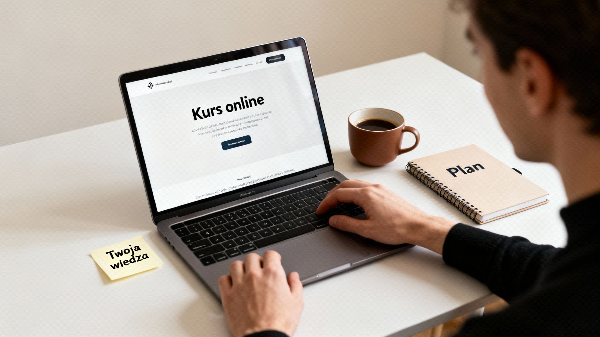 Mężczyzna pracuje na laptopie z otwartym kursem online, obok filiżanka kawy i notatnik z napisem Plan.