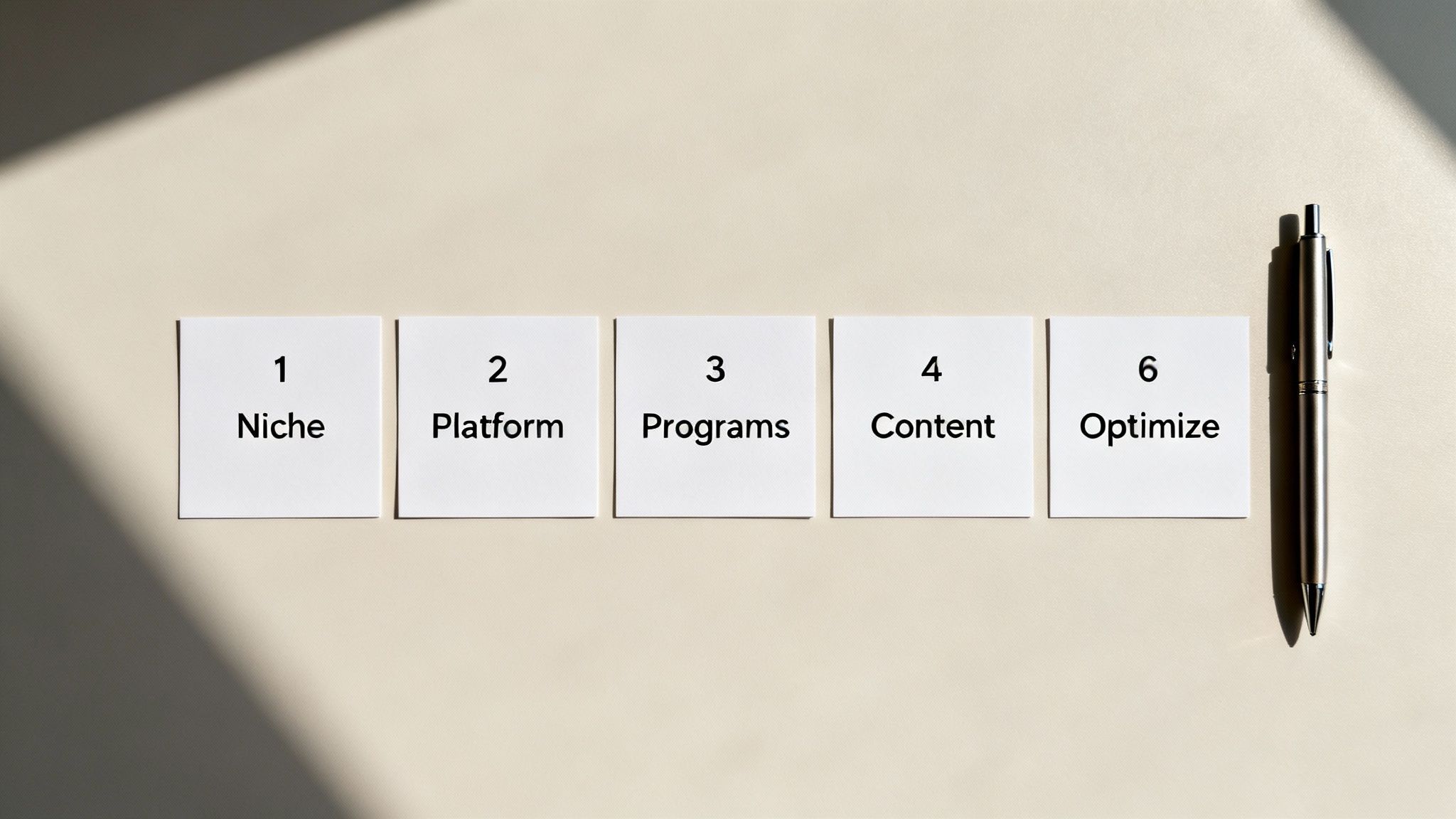 Five white cards display numbered steps: 1 Niche, 2 Platform, 3 Programs, 4 Content, and 6 Optimize, with a pen.
