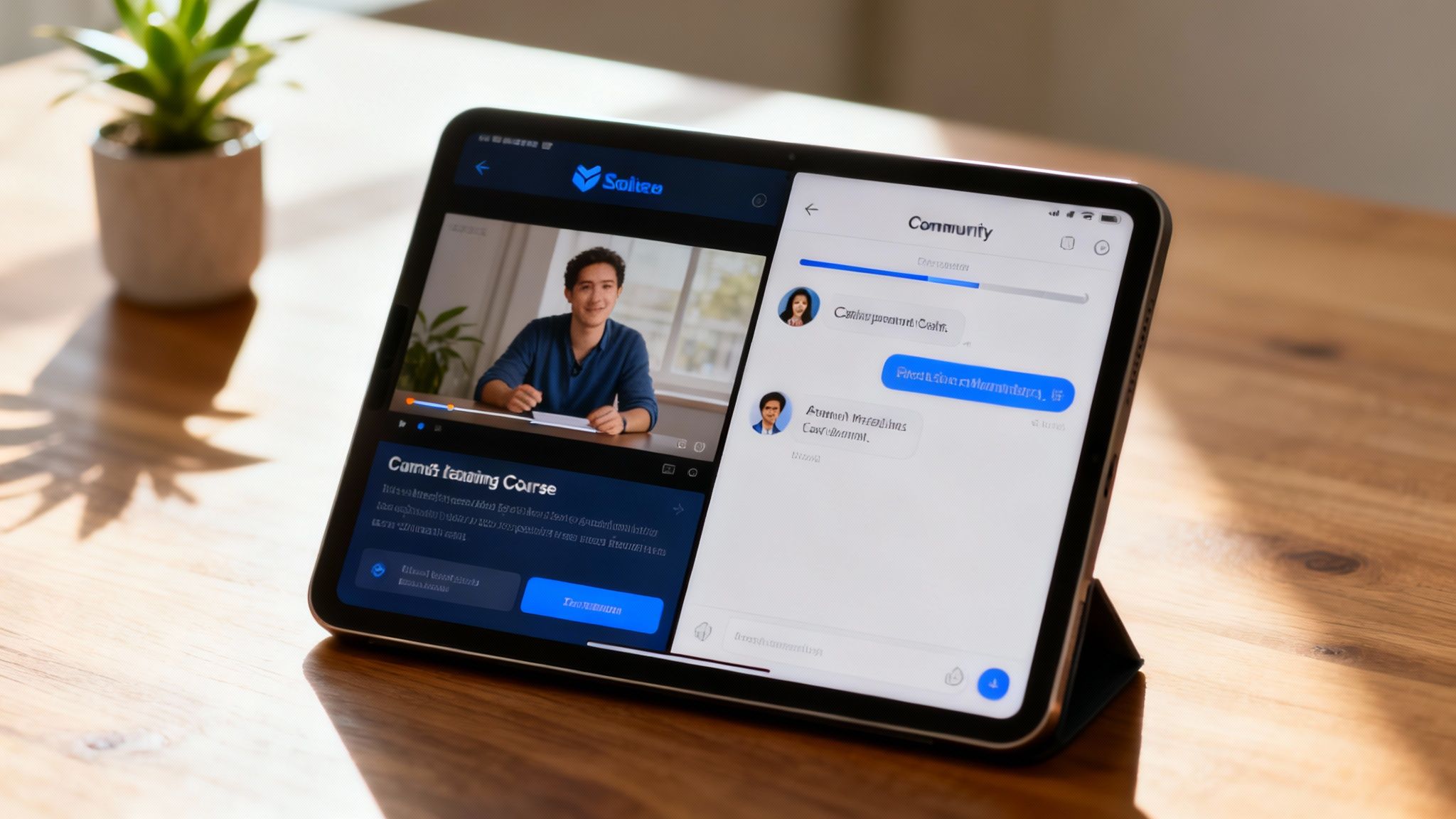 A tablet displays an online course video with a man and a community chat on a wooden desk.