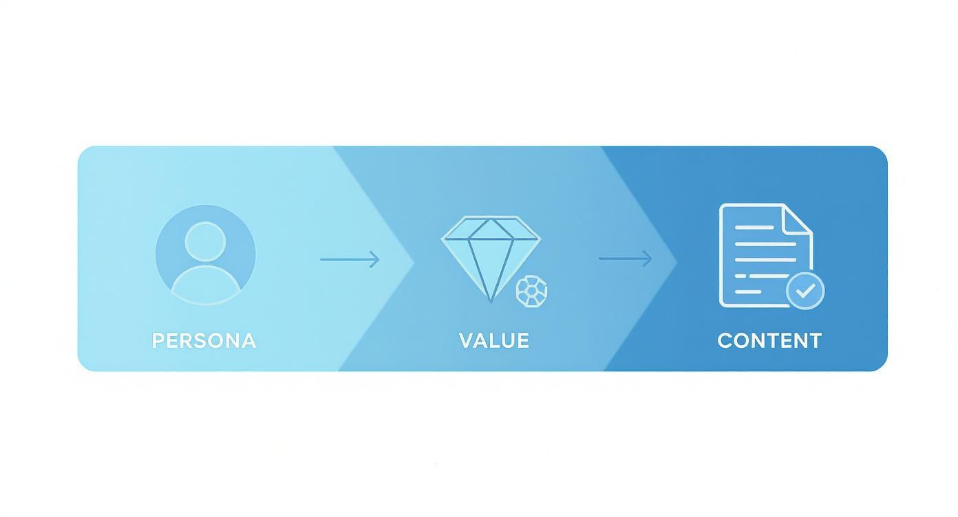 An infographic showing the core elements of a membership blueprint: Persona, Value, and Content.