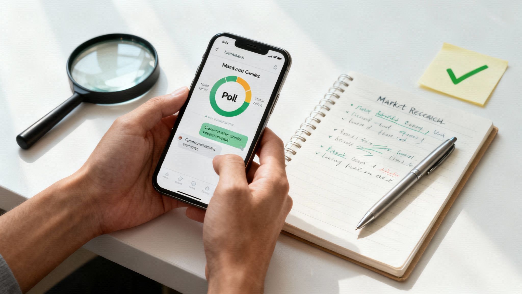 A person at a desk sketching out ideas in a notebook, with sticky notes on a wall behind them.