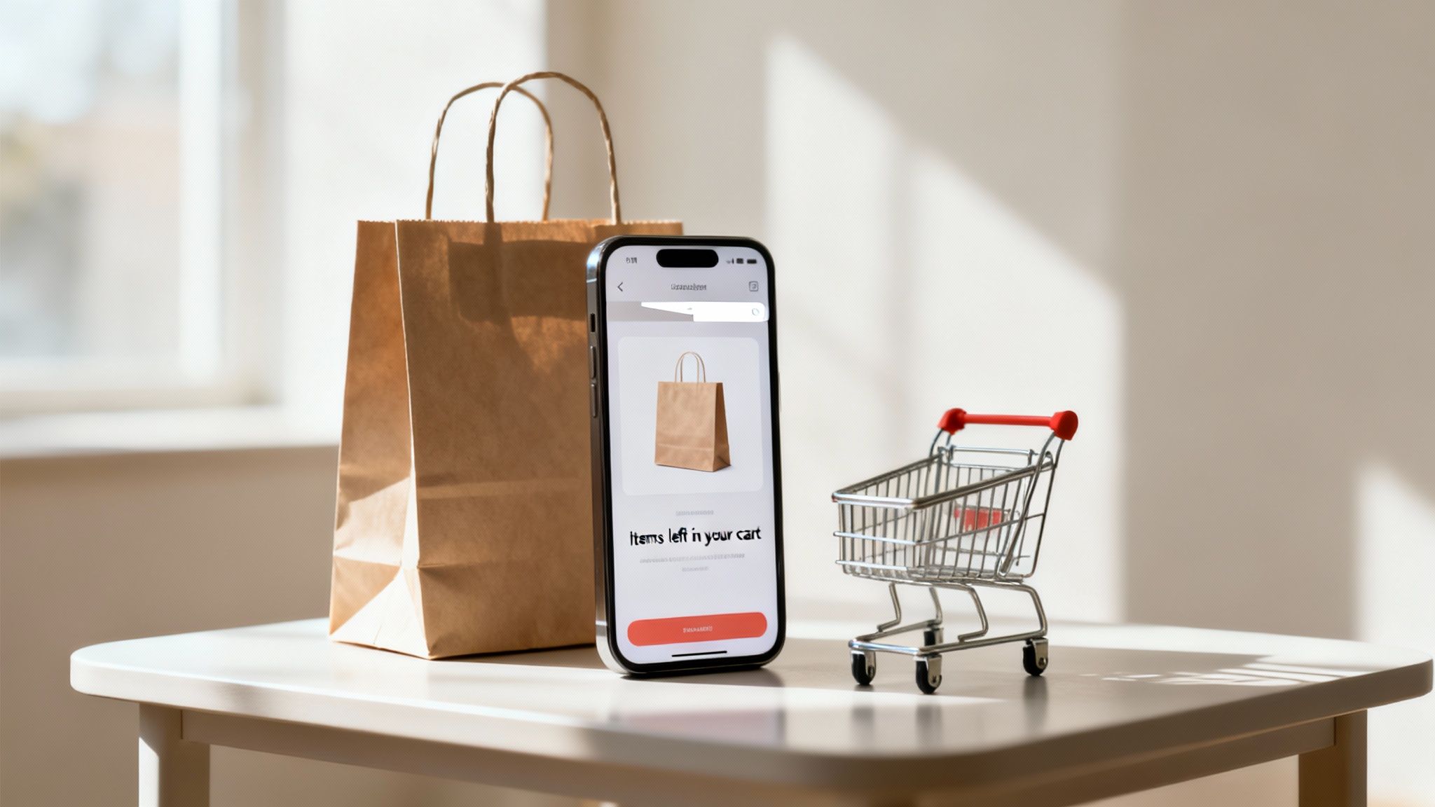 A smartphone displaying an online shopping cart, a paper bag, and a miniature shopping cart.