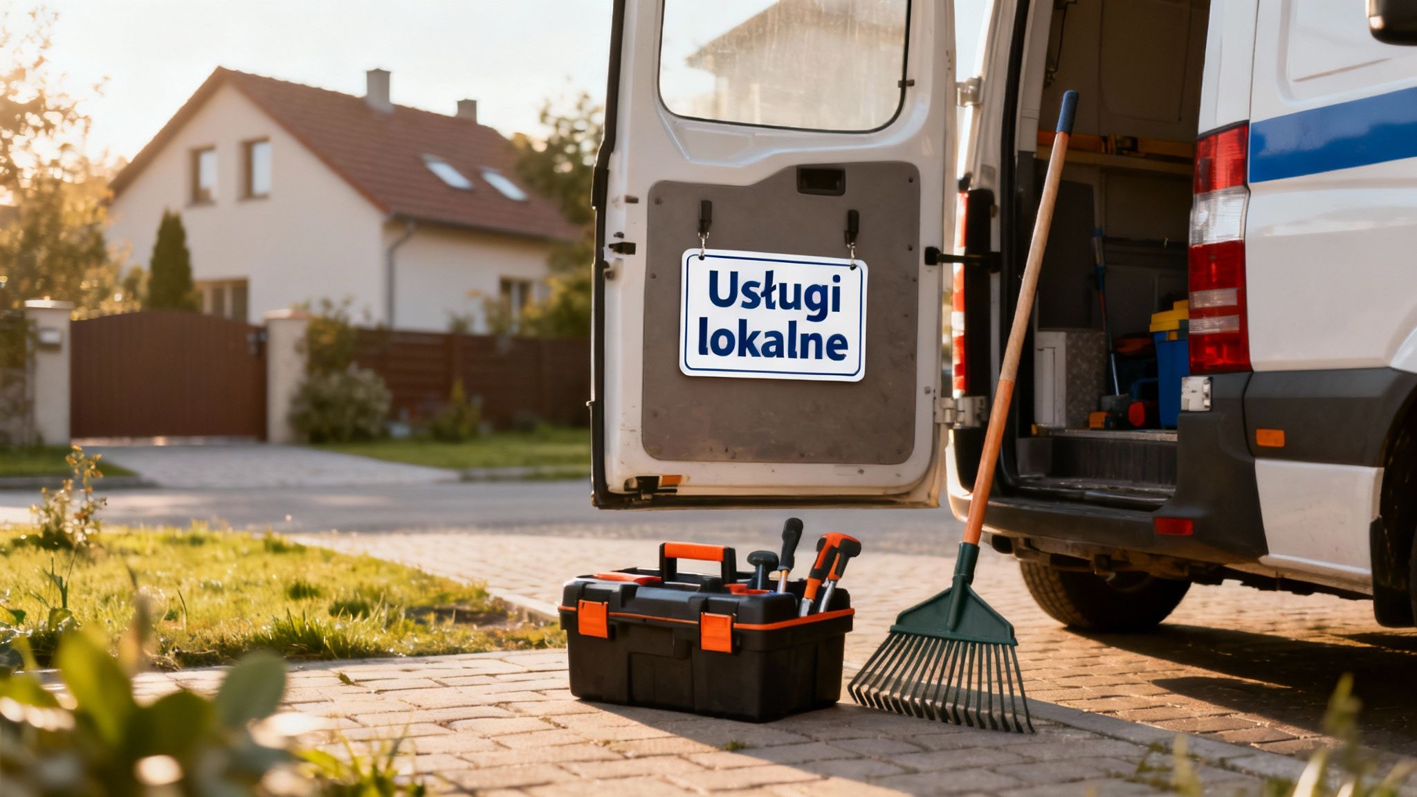 Biały samochód serwisowy z napisem 'Usługi lokalne', skrzynka narzędziowa i grabie przed domem, sugerujące lokalne usługi.