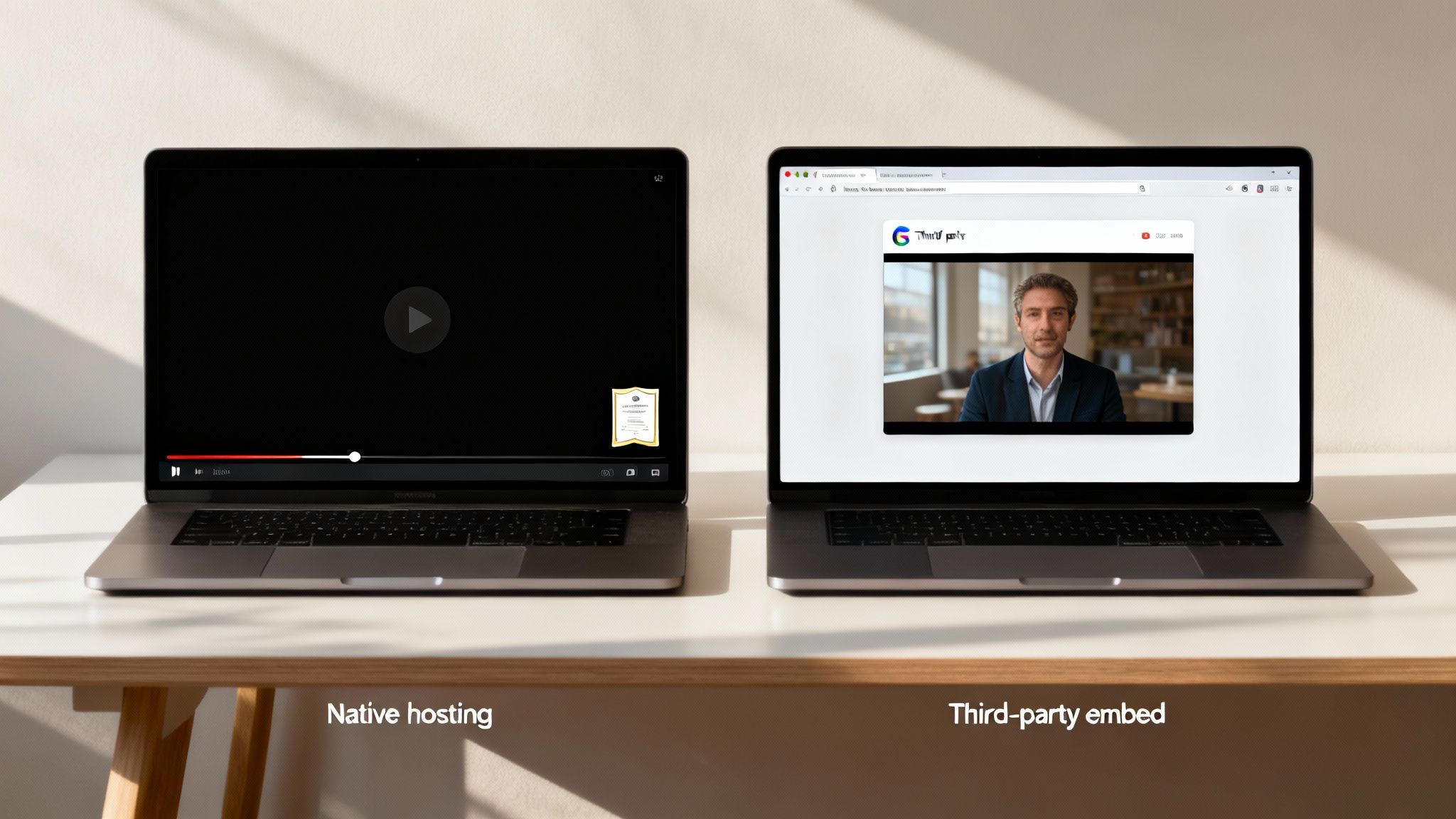 Two laptops side-by-side, one showing native video hosting, the other a third-party embedded video.