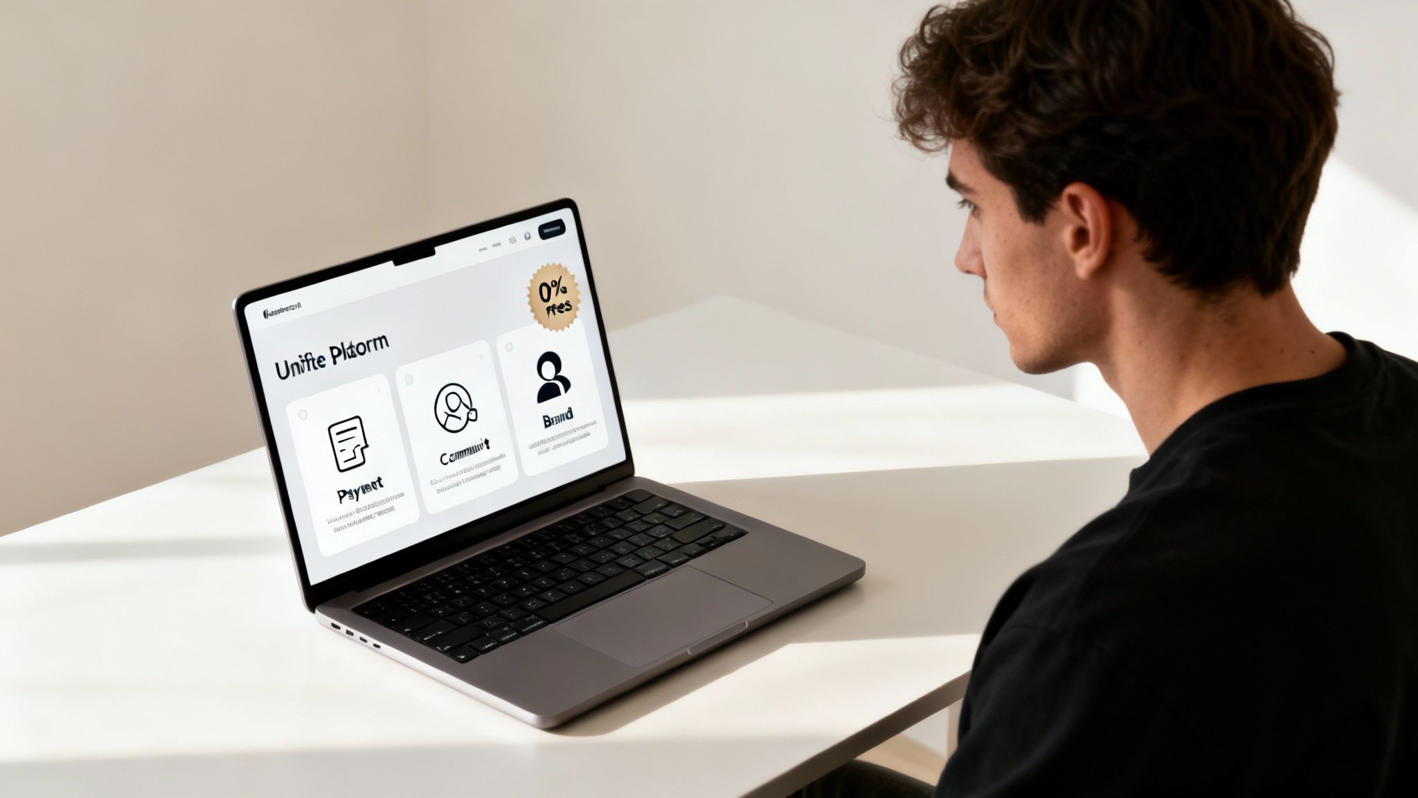 Man viewing a laptop screen showcasing 'Unifie Platform' features like payment, community, and brand, highlighting 0% fees.