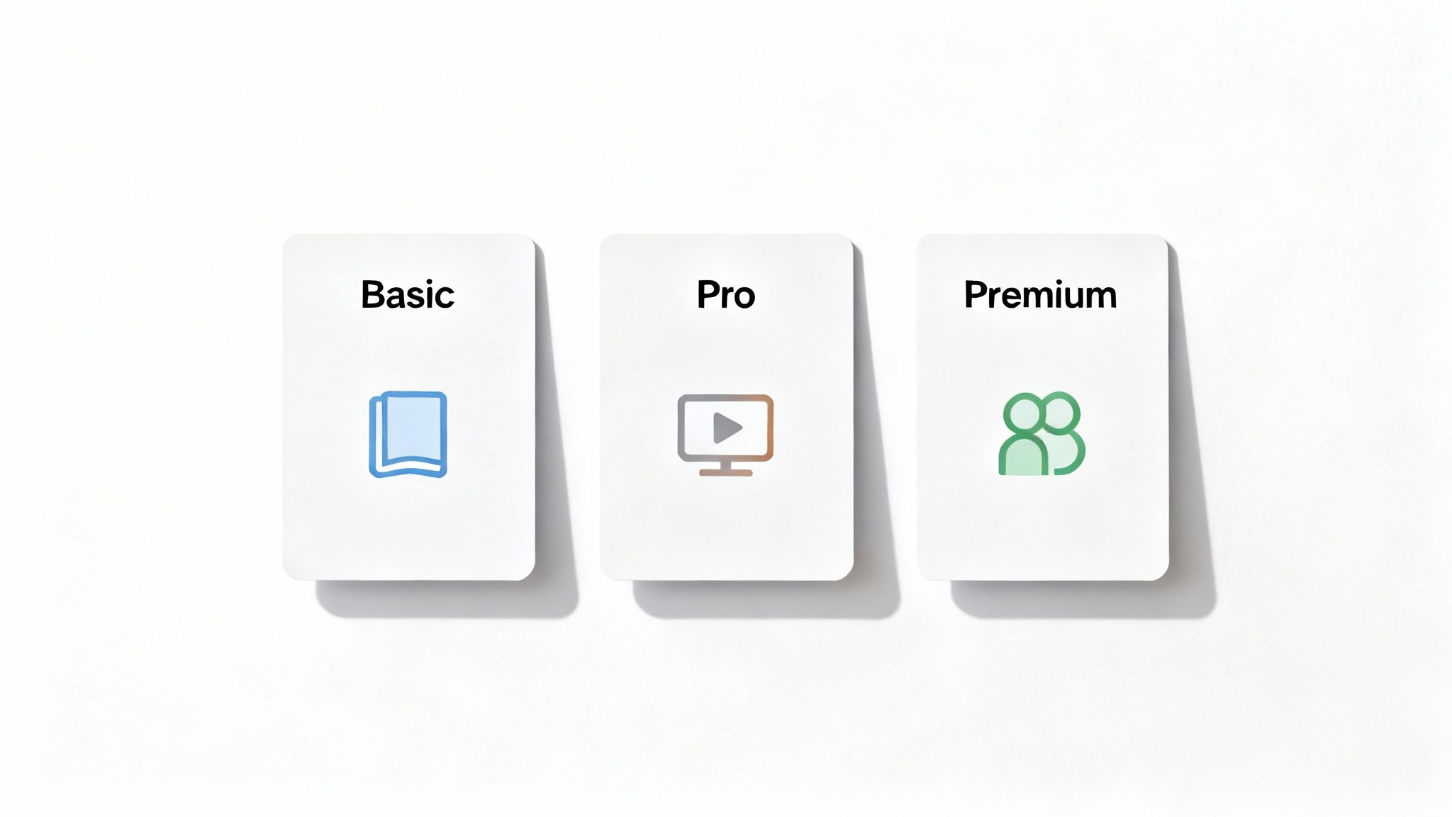 Three white cards displaying membership plans: Basic with books, Pro with video monitor, and Premium with user icons.