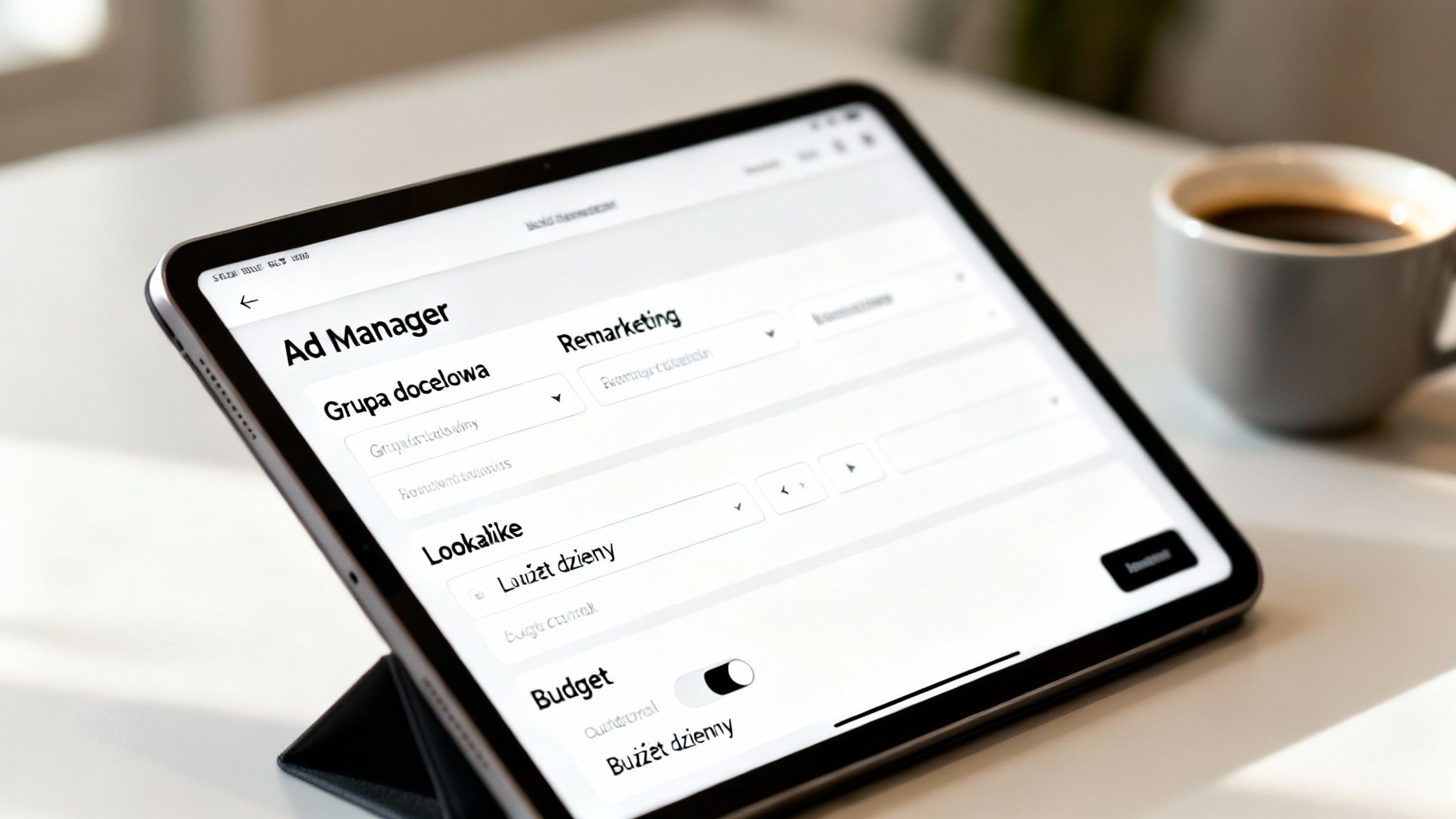 Tablet z aplikacją Ad Manager do zarządzania reklamami, wyświetlający opcje targetowania i budżetu. Obok filiżanka kawy.