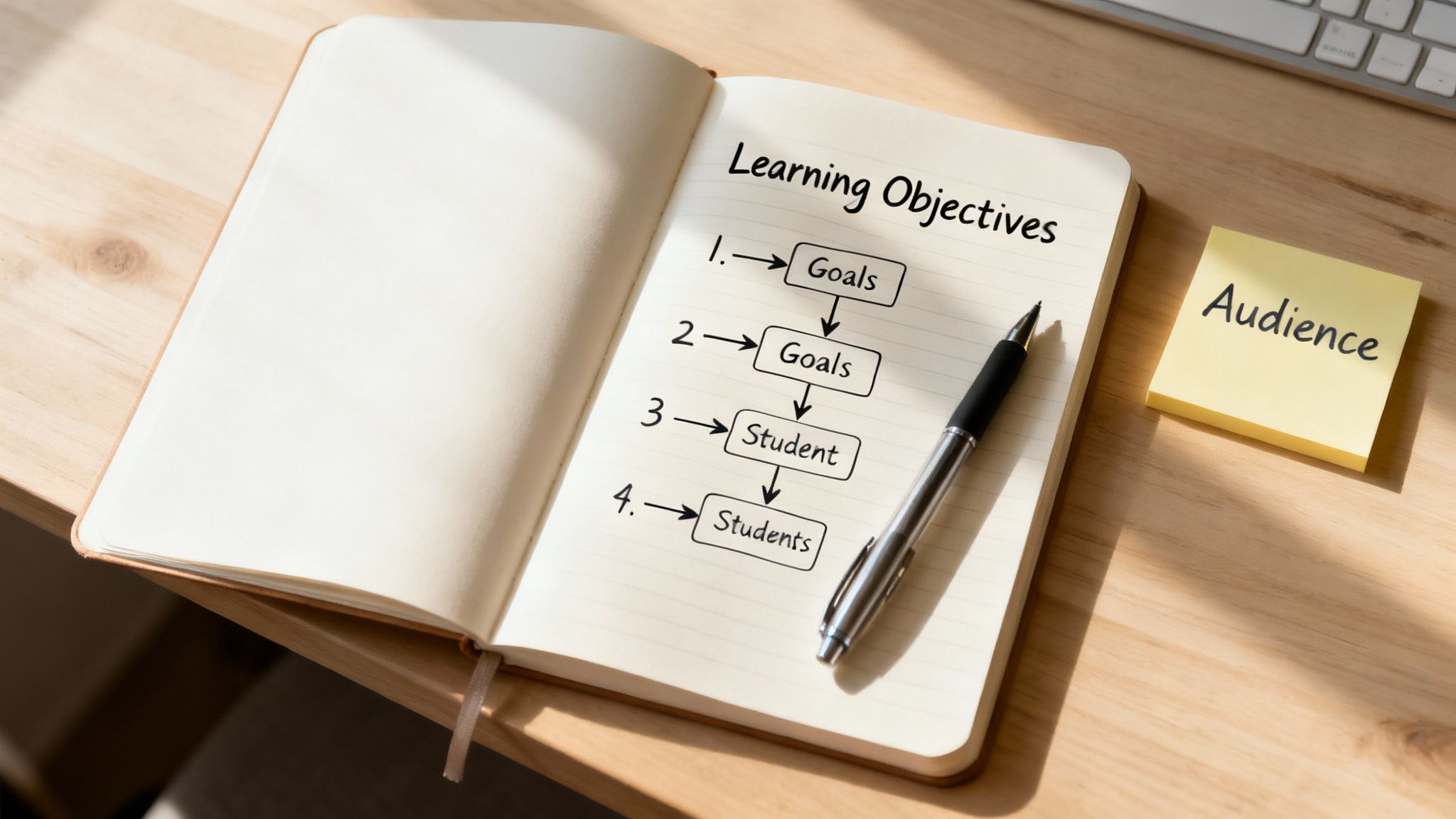 A person at a desk thoughtfully sketching out a plan for an online course, with sticky notes and a laptop nearby.