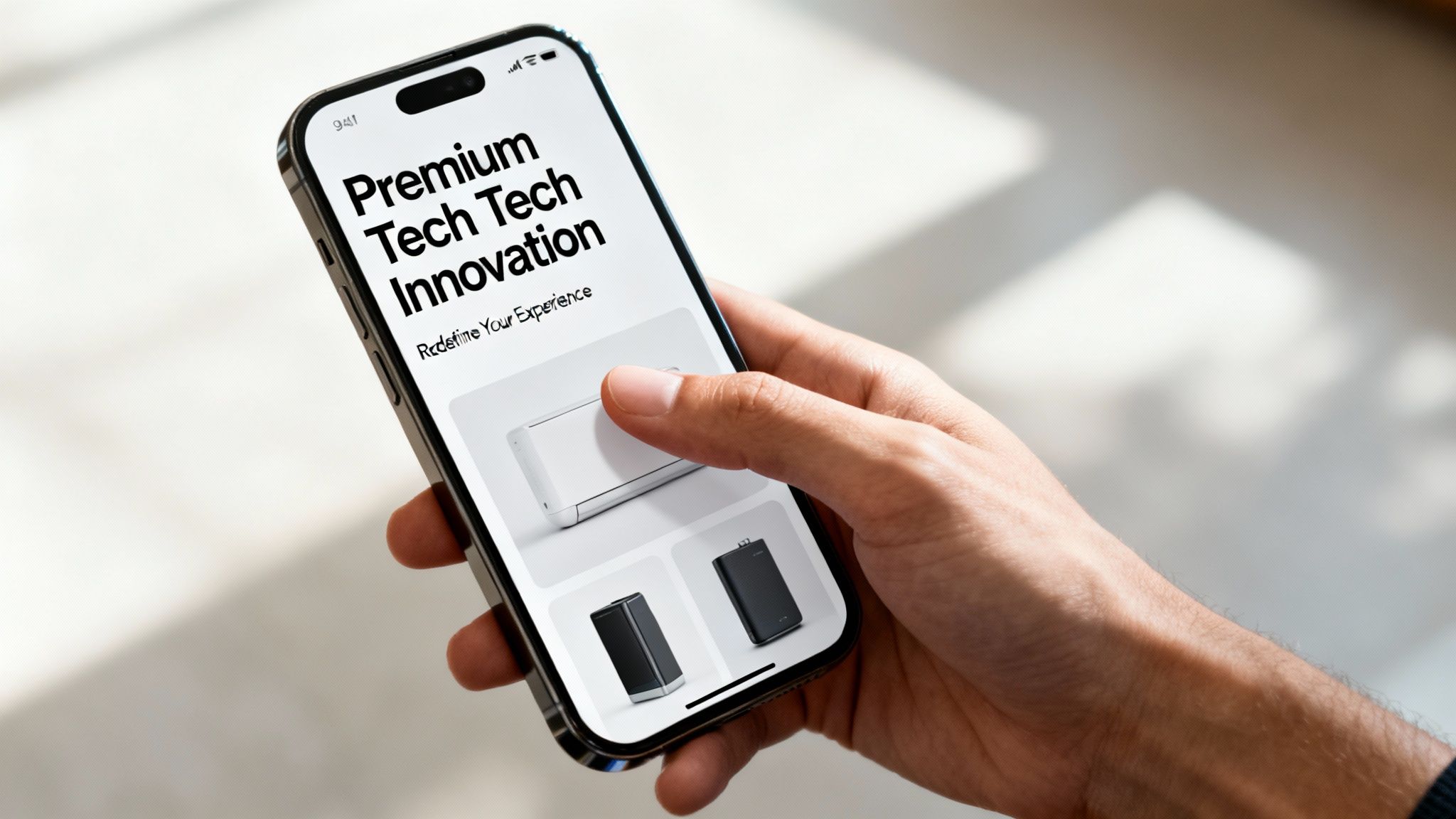 A hand holds a smartphone displaying a webpage promoting 'Premium Tech Innovation' and various gadgets.