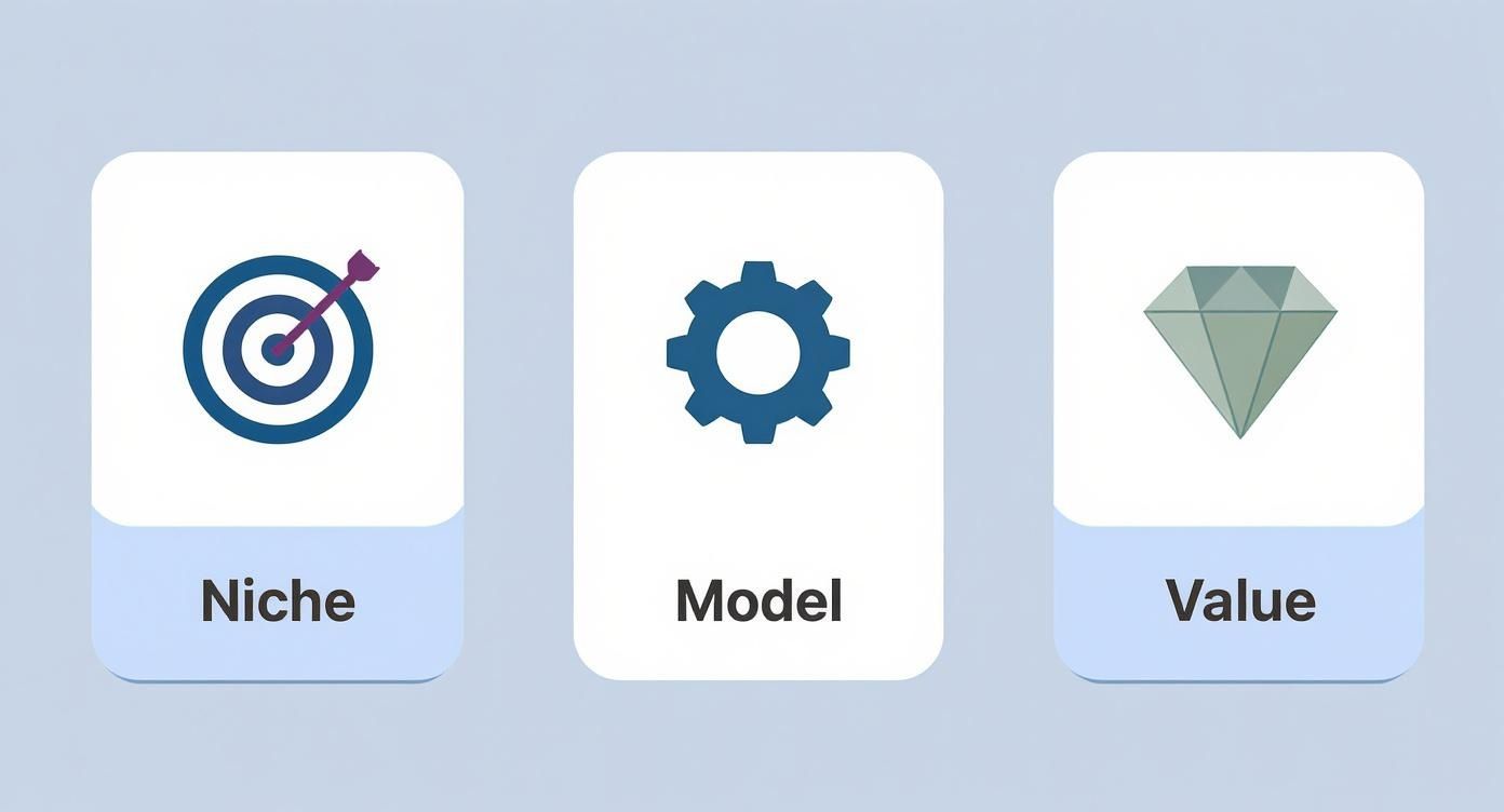 Infographic showing three icons for Niche, Model, and Value, representing the foundational pillars of a <a href=
