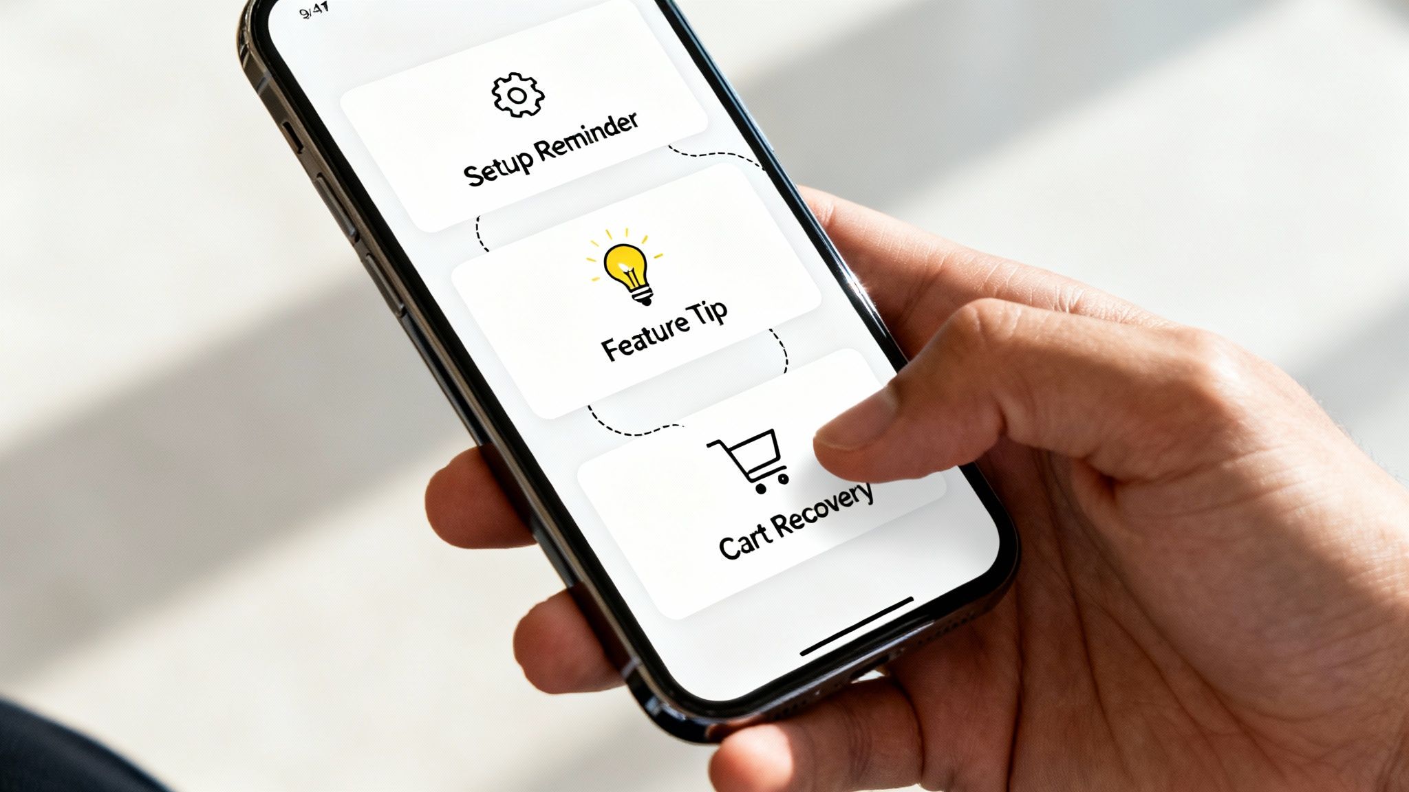 A hand holds a smartphone displaying an onboarding email sequence with options like Setup Reminder, Feature Tip, and Cart Recovery.