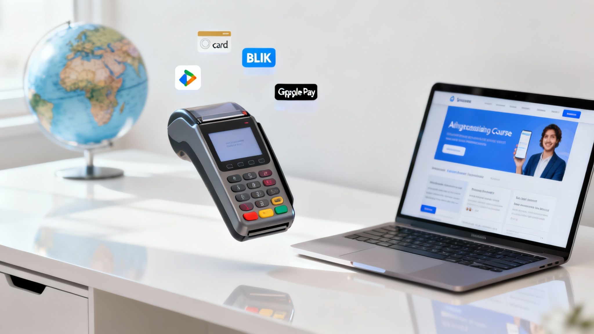 Terminal płatniczy z ikonami metod płatności (karta, BLIK, Google Pay) i laptopem na biurku, symbolizujący nowoczesne transakcje.