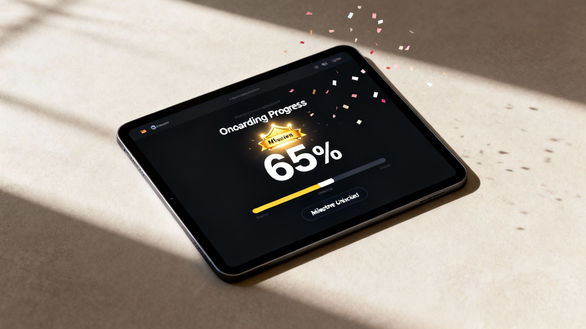 A tablet displays an 'Onboarding Progress' screen showing 65% complete and 'Milestone Unlocked!' with confetti.