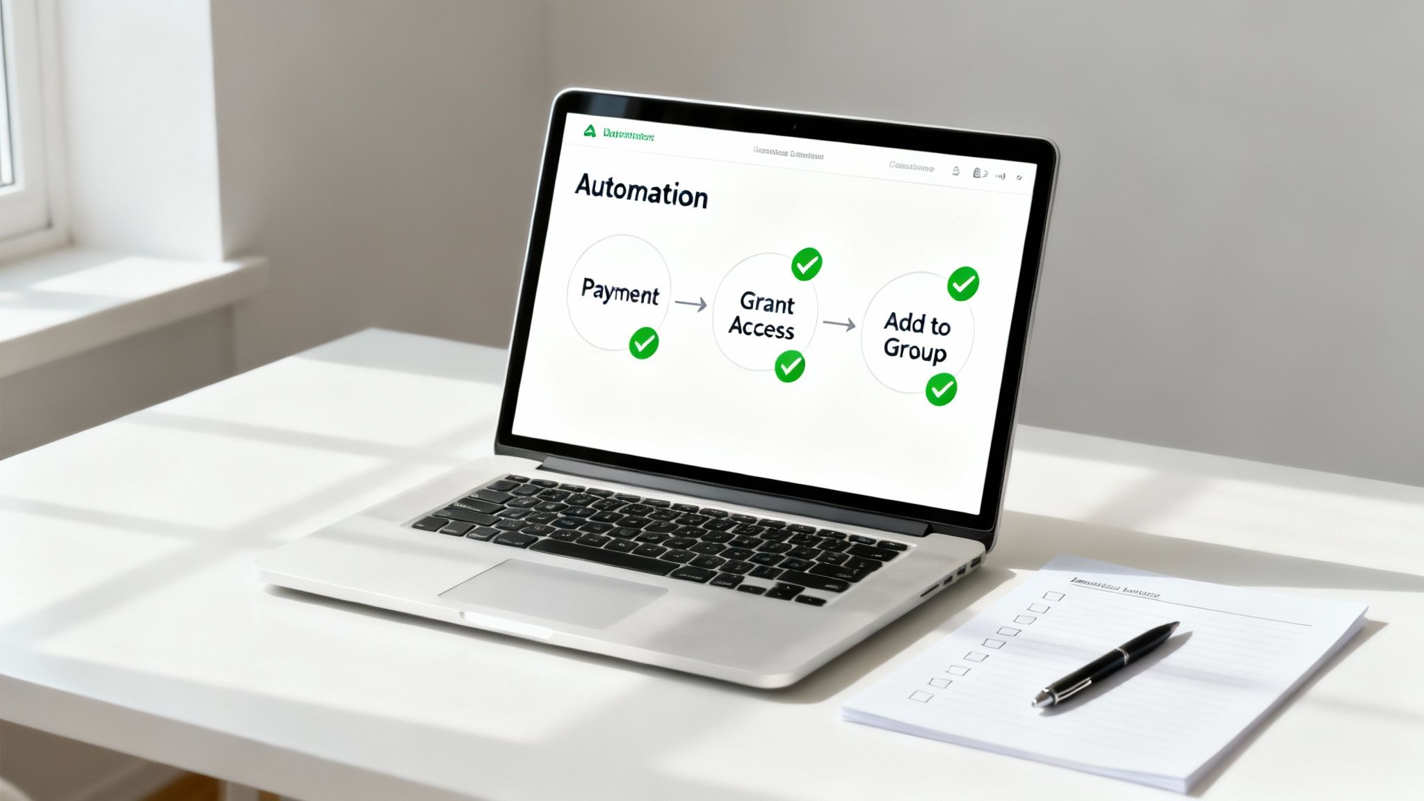Laptop on a white desk showing a digital automation workflow for payment, access, and group steps.