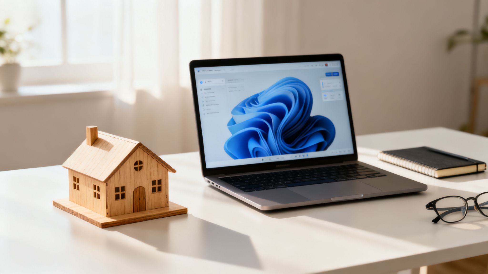 Drewniany model domu, laptop z abstrakcyjną tapetą, notatnik i okulary na białym biurku.