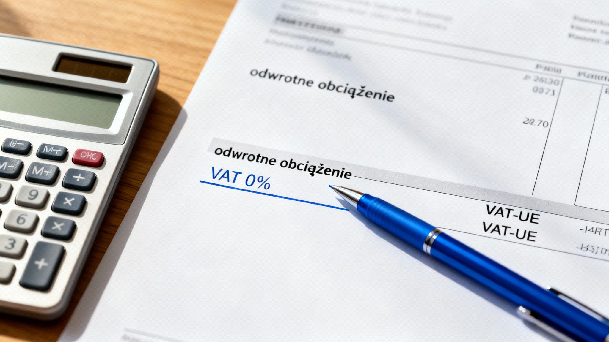 Kalkulator, długopis i dokument z napisem „odwrotne obciążenie” oraz „VAT 0%” na stole biurowym.
