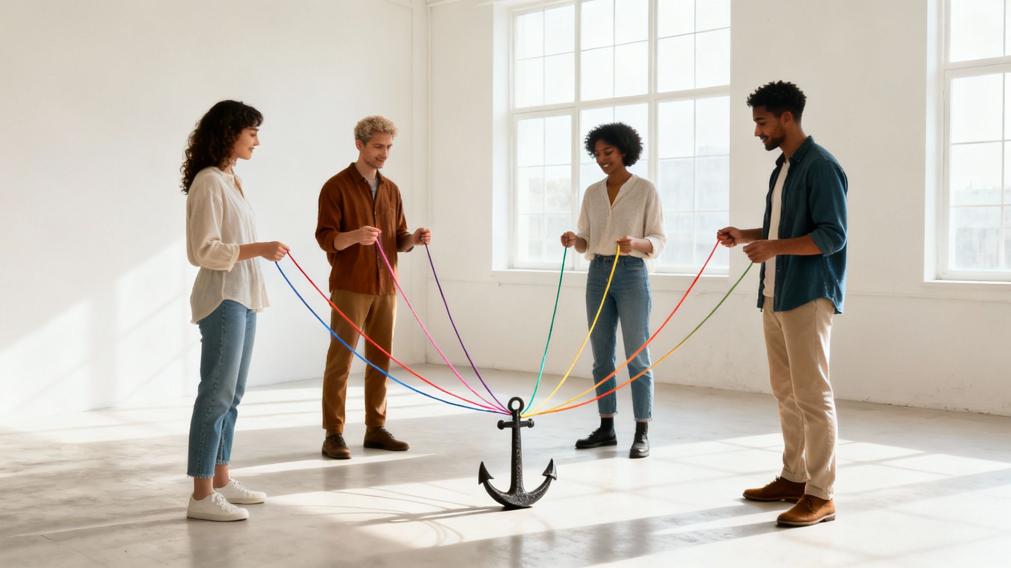 Four diverse people hold colorful ropes connected to a central anchor, symbolizing teamwork and stability.