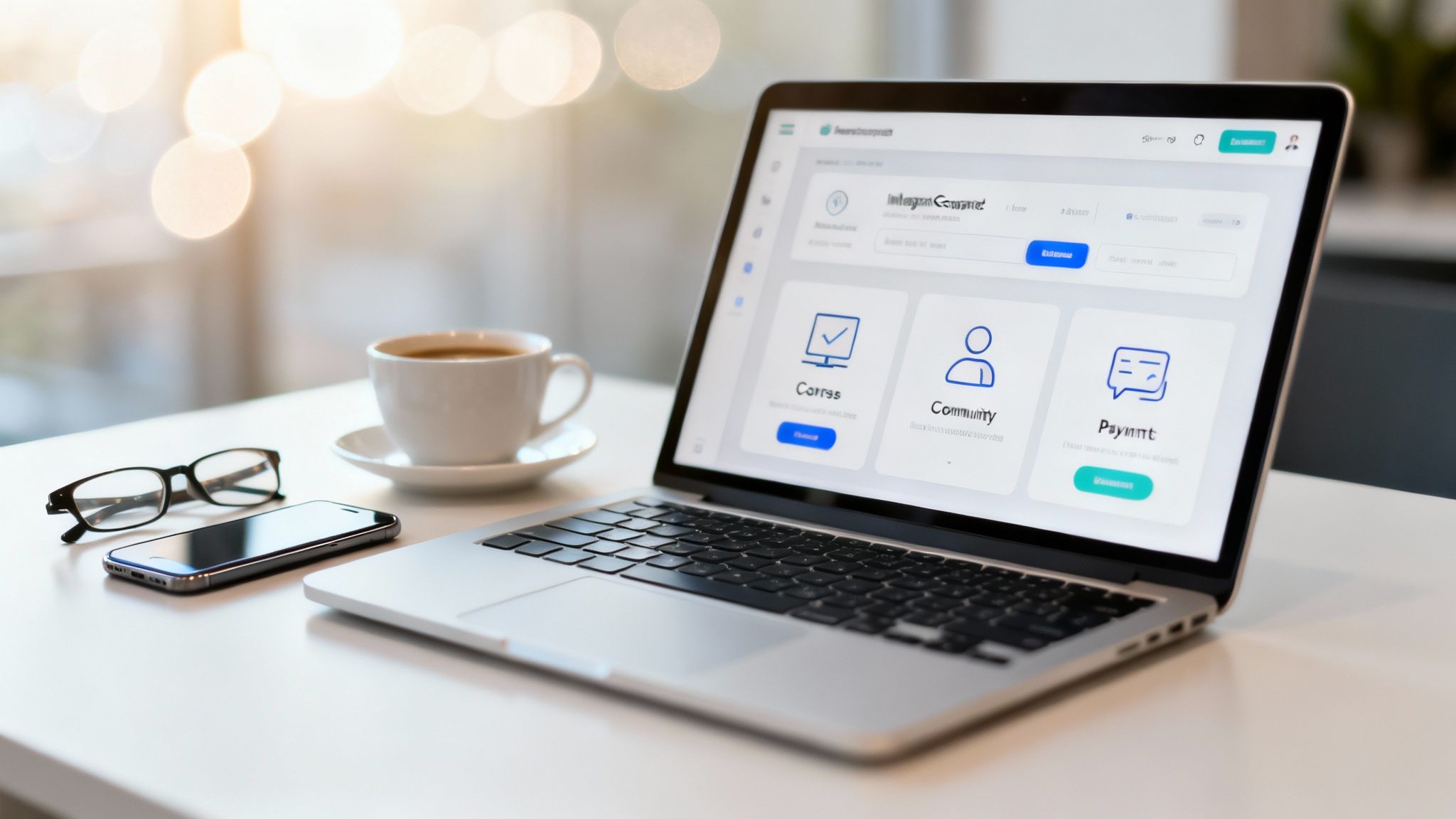 Laptop z otwartą aplikacją e-commerce na biurku, obok filiżanka kawy, smartfon i okulary. Jasne tło.