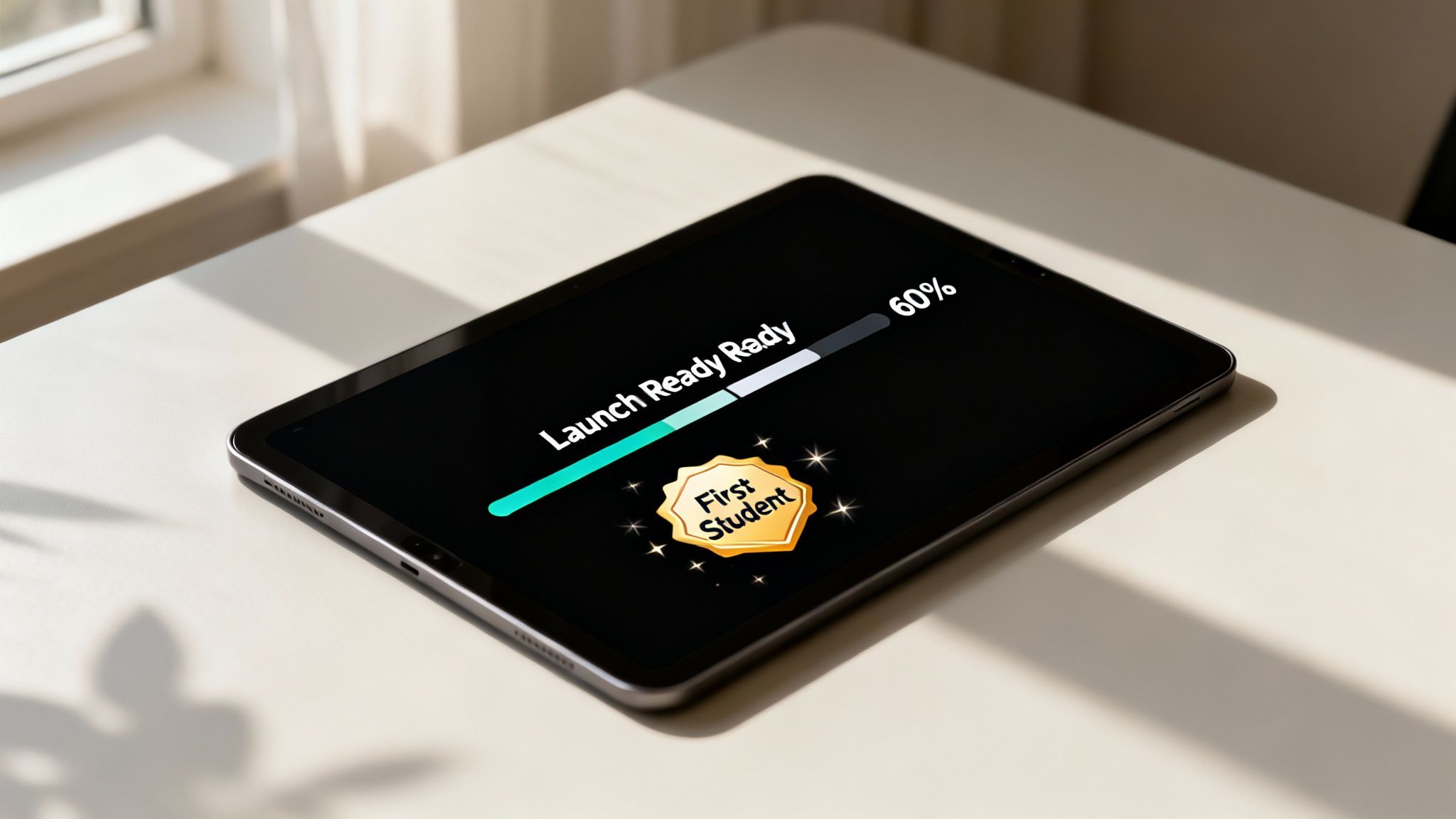 A tablet displays 'Launch Ready Ready' with a 60% progress bar and a 'First Student' badge.
