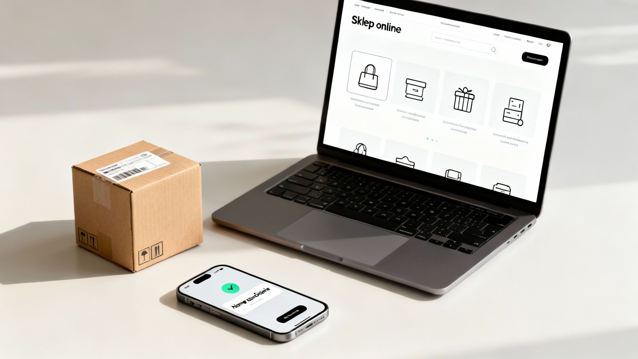 Laptop z otwartym sklepem internetowym, obok smartfon i kartonowa paczka, symbolizujące e-commerce i dostawę.