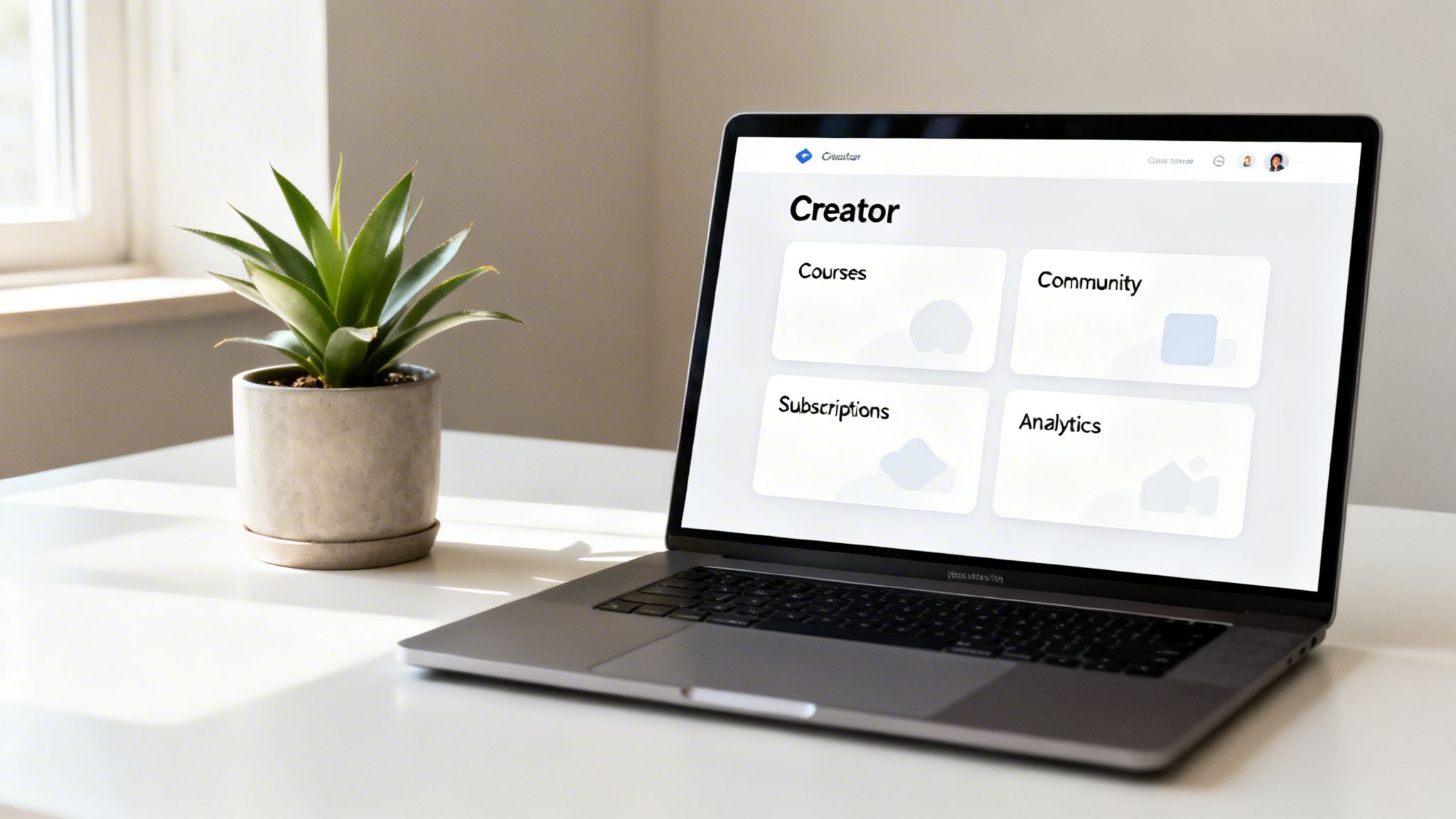 A laptop displays a 'Creator' dashboard with options for courses, community, subscriptions, and analytics, on a desk next to a plant.