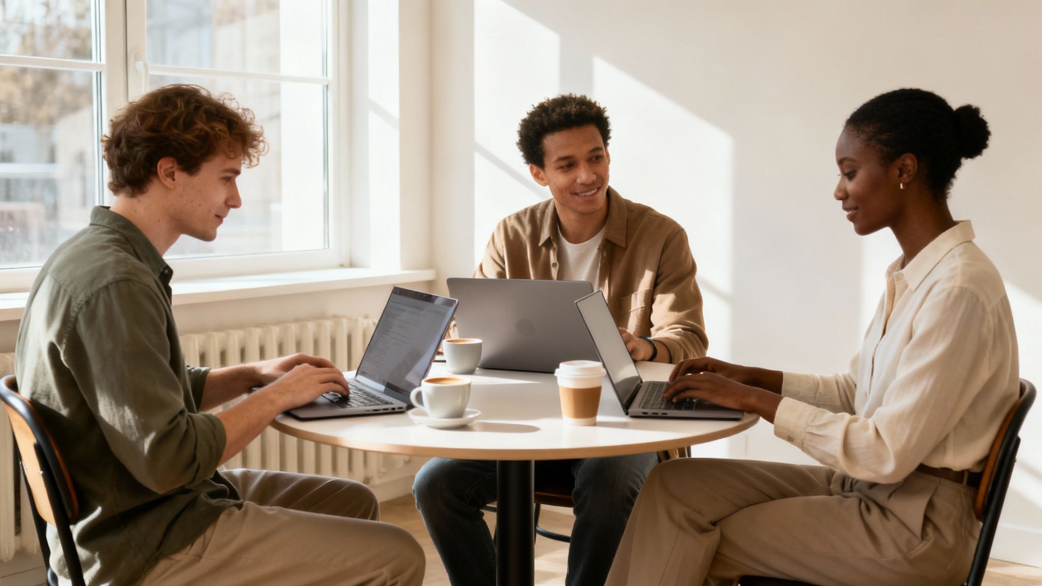Młodzi ludzie pracujący na laptopach przy okrągłym stole w jasnym biurze, piją kawę.
