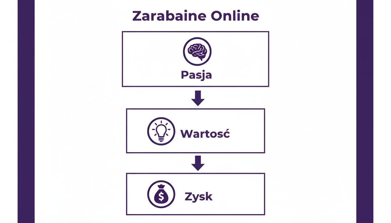 Schemat „Zarabianie Online” ukazujący proces od pasji do zysku poprzez tworzenie wartości, z towarzyszącymi ikonami.