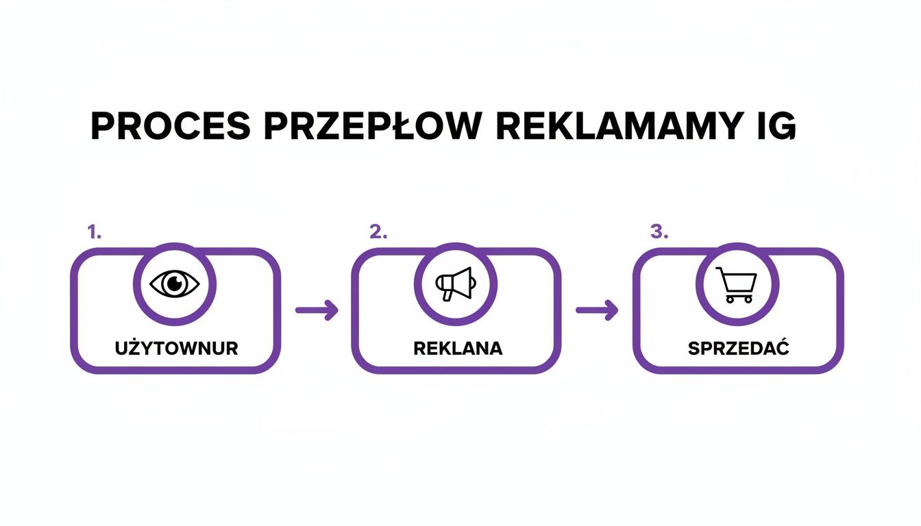 Diagram przedstawiający trzystopniowy proces przepływu reklamy na Instagramie: od użytkownika, przez reklamę, do sprzedaży.