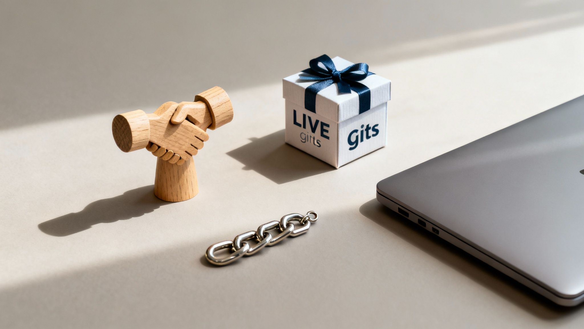 Drewniana figurka uścisku dłoni, pudełko prezentowe LIVE gifts, łańcuch i laptop na stole.