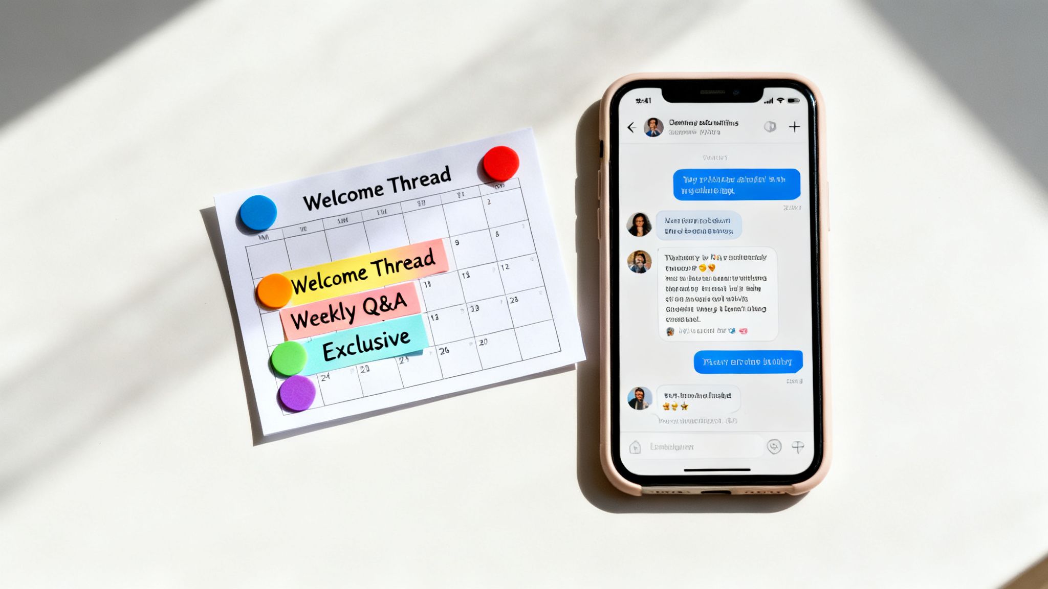 A calendar with sticky notes for 'Welcome Thread' and 'Weekly Q&A' next to a smartphone showing a social media app.