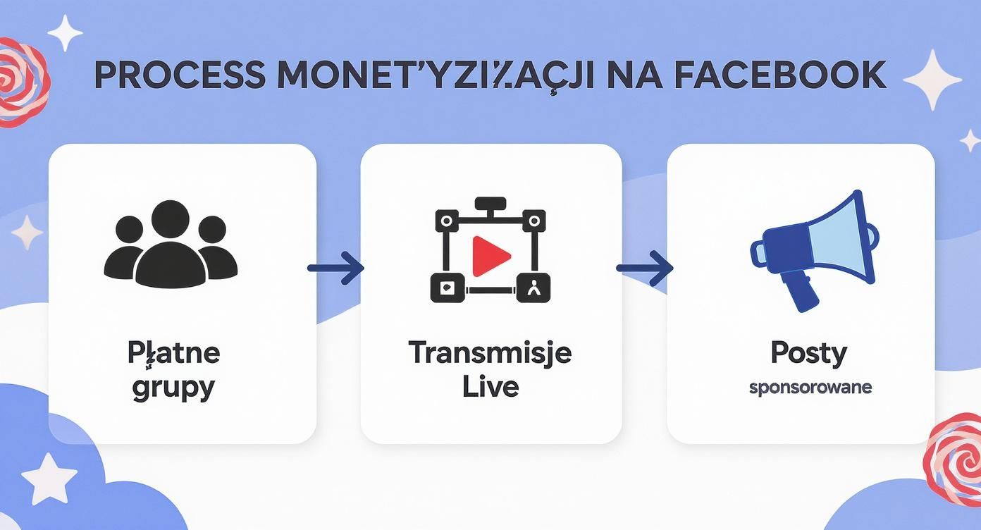 Grafika przedstawiająca proces monetyzacji na Facebooku: płatne grupy, transmisje Live i posty sponsorowane.