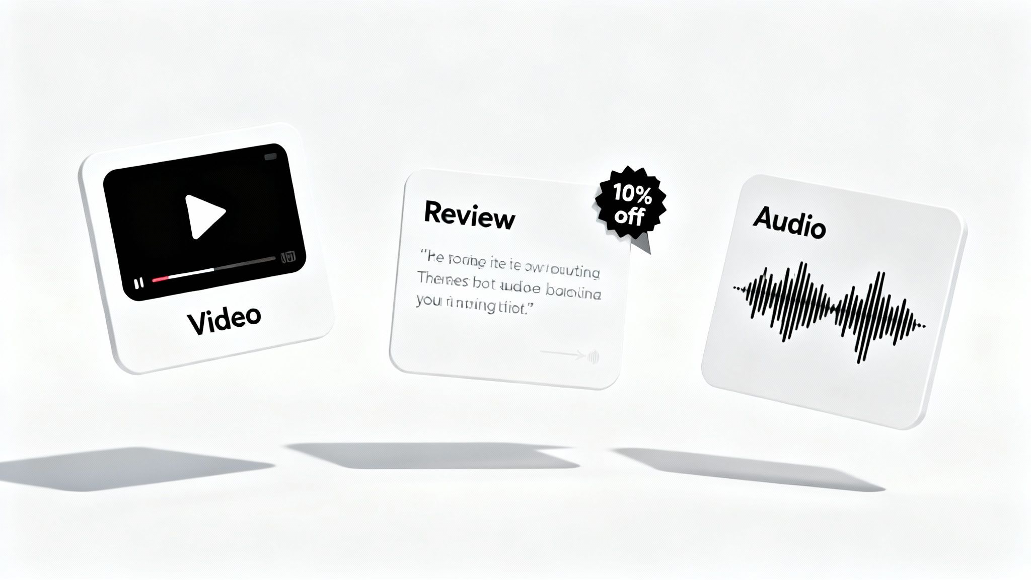Three floating white cards showcasing video content, a customer review with a 10% discount, and audio waves.